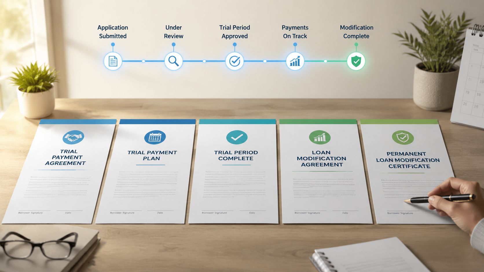 A professional desk displaying a mortgage modification process infographic and five related legal documents being signed.