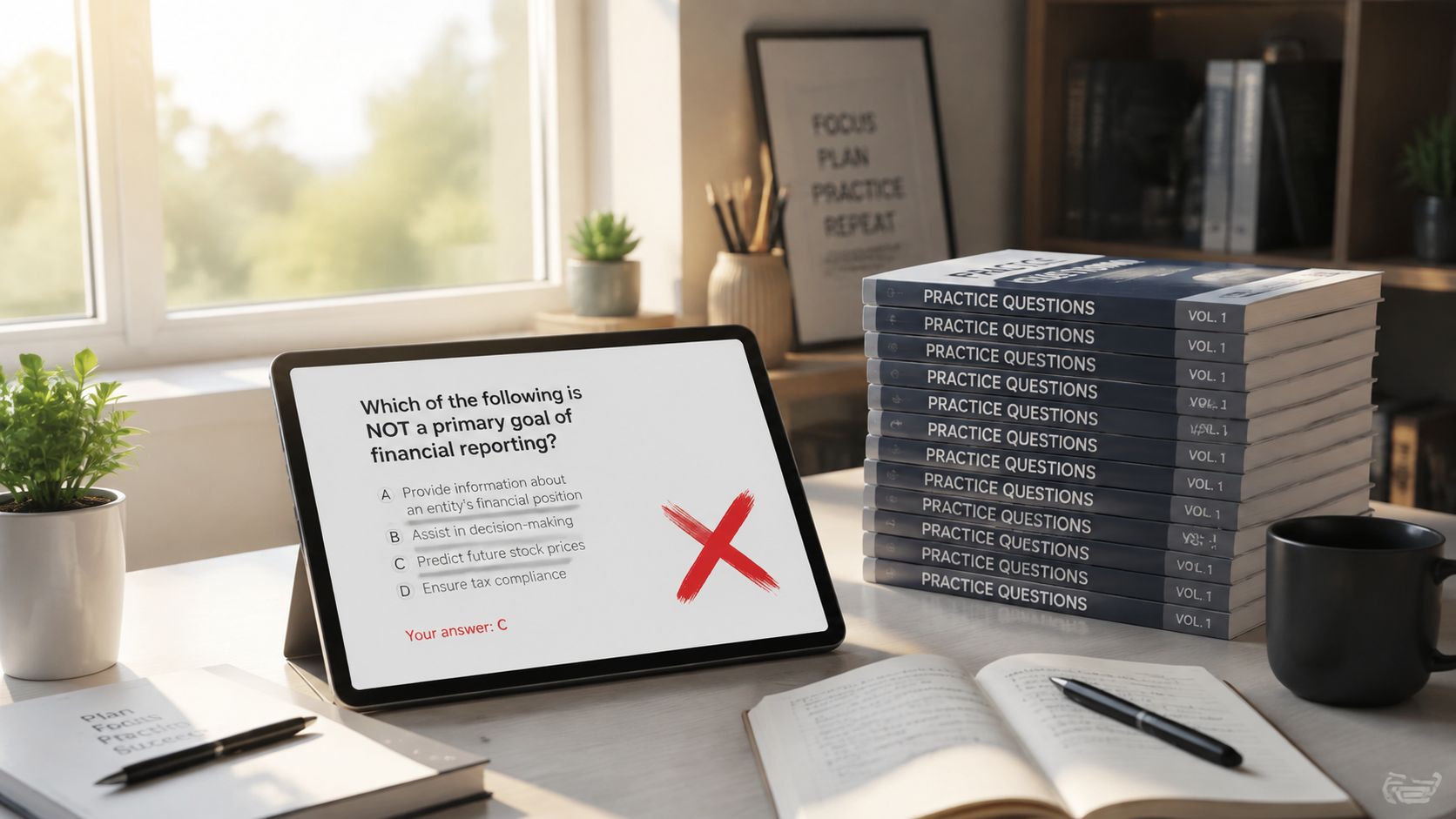 A tablet screen displays a multiple-choice accounting quiz question about the primary goals of financial reporting.