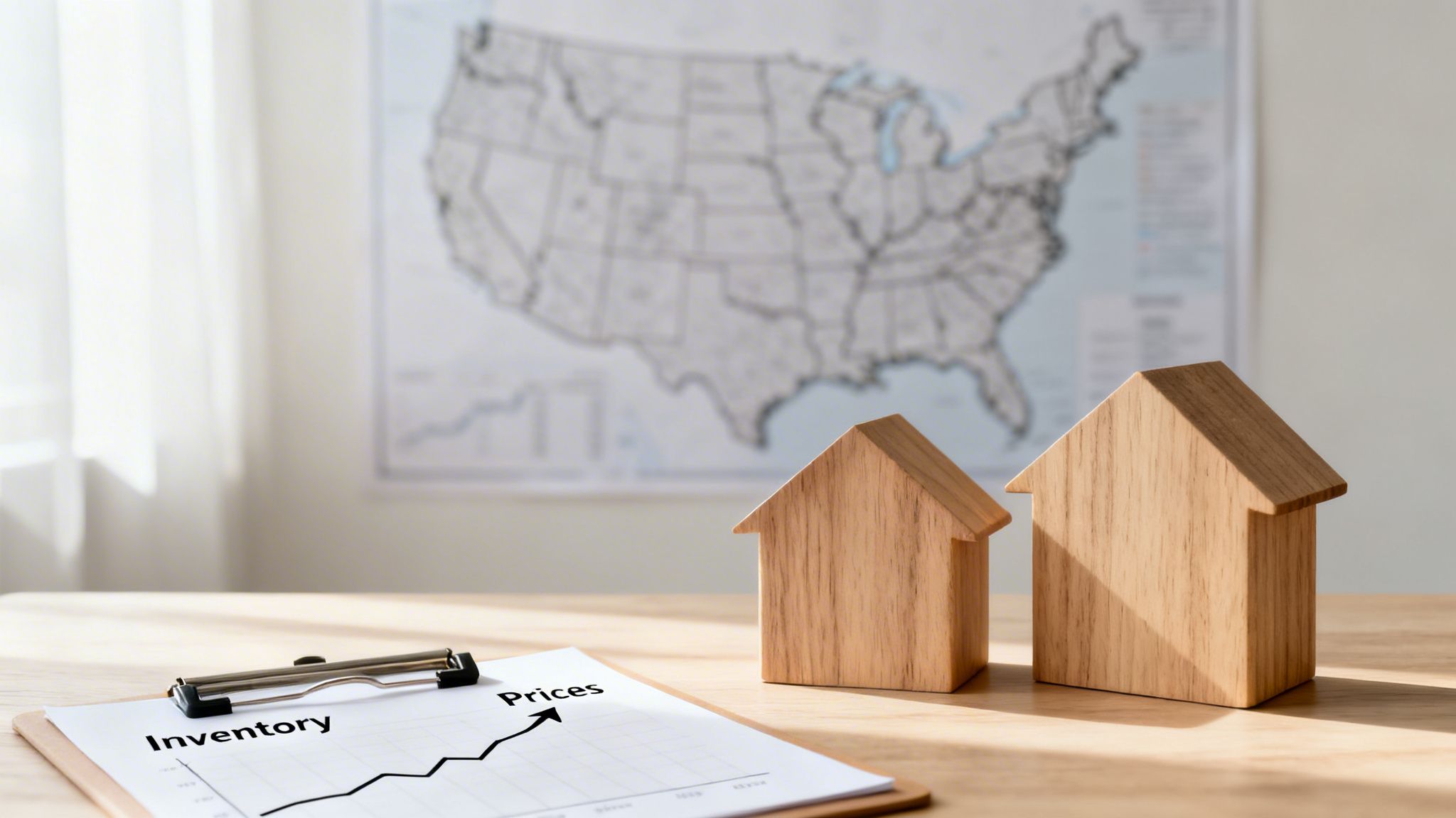 Two wooden house models on a table with a graph indicating increasing real estate prices.