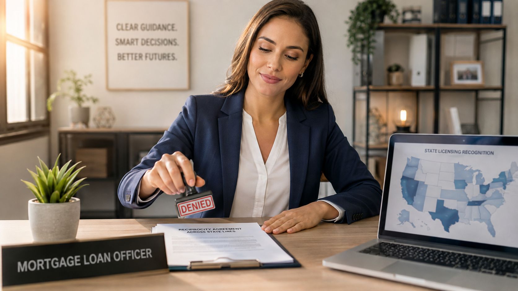 A professional mortgage loan officer stamping a reciprocity agreement document as denied in her office workspace.