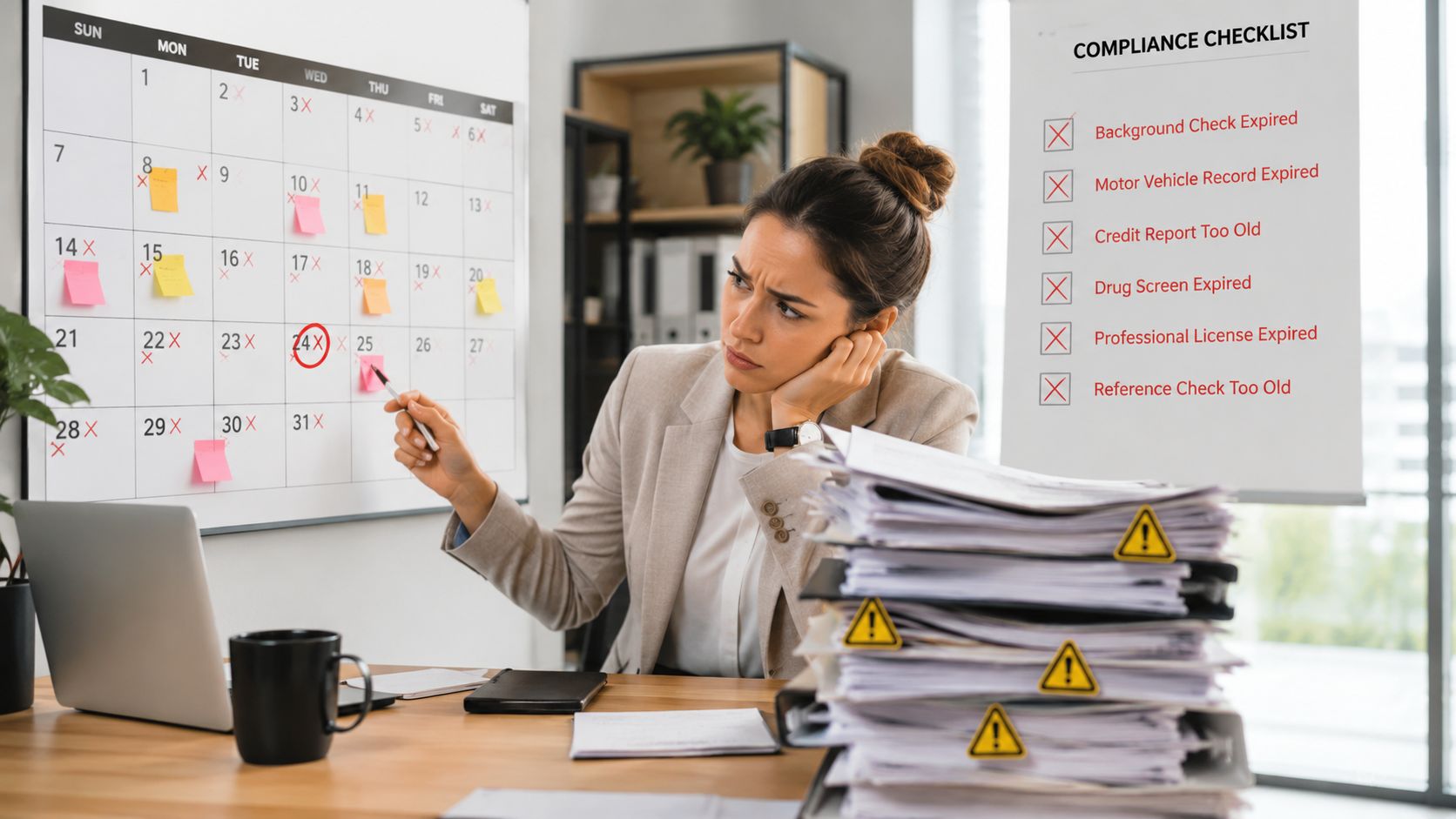 A stressed woman looks at a chaotic calendar and a compliance checklist filled with overdue tasks.