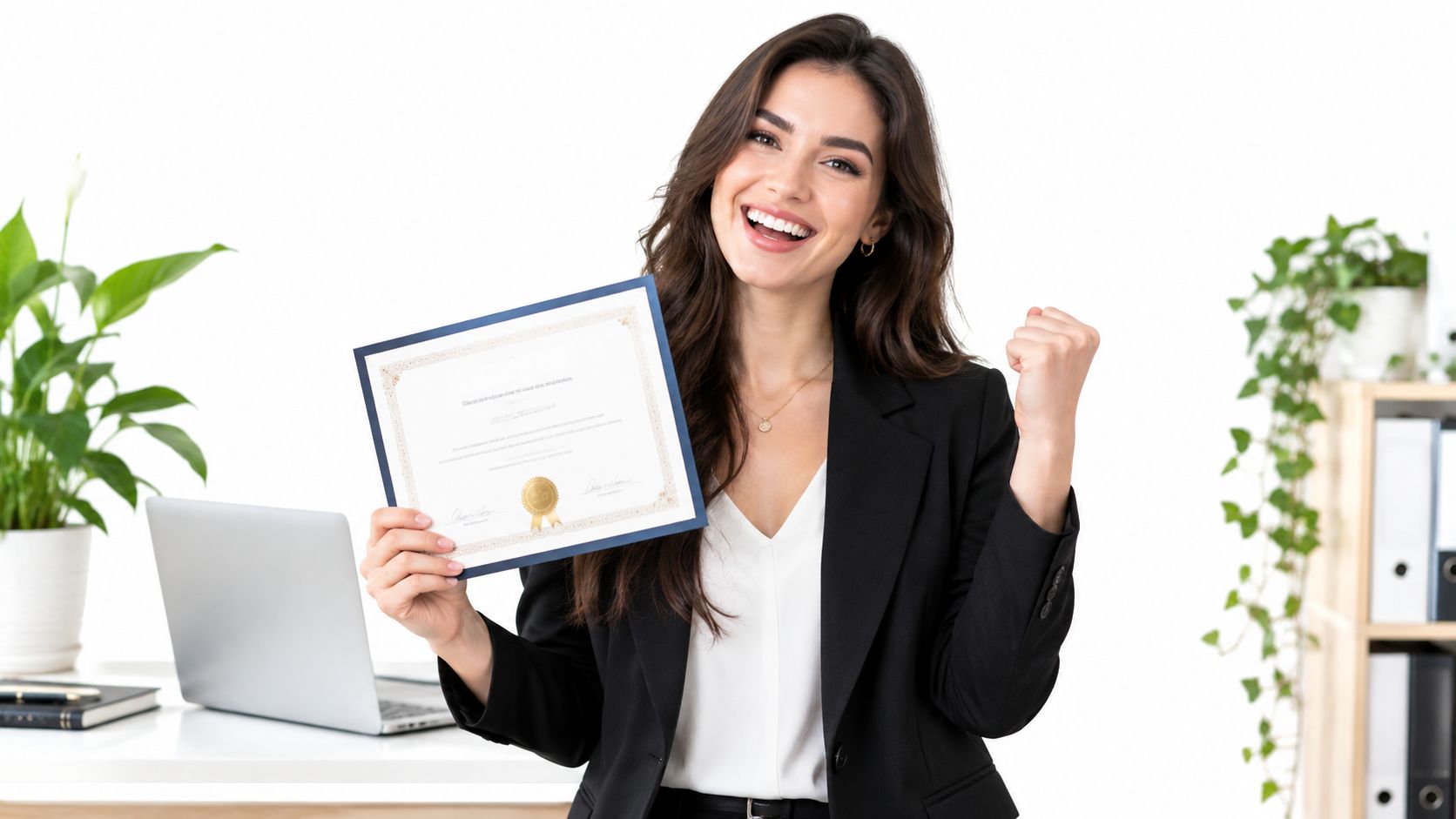 A professional woman smiling brightly while holding a certificate and celebrating a successful achievement in an office.
