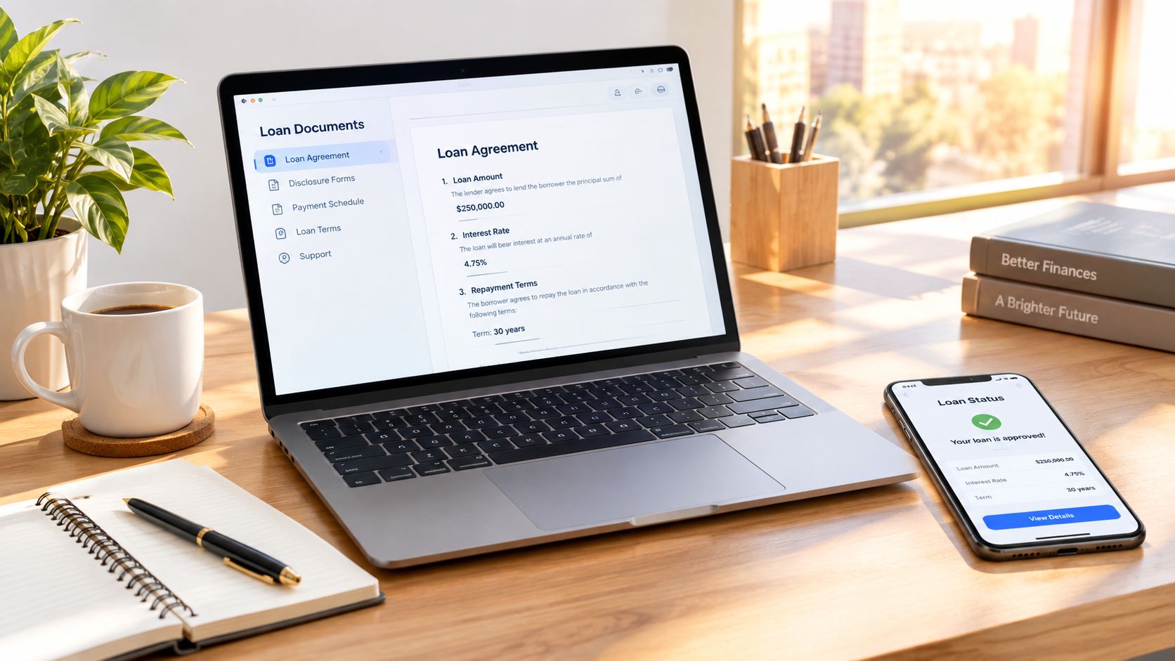 A laptop and smartphone displaying loan agreement details on a desk with a notebook and plant.