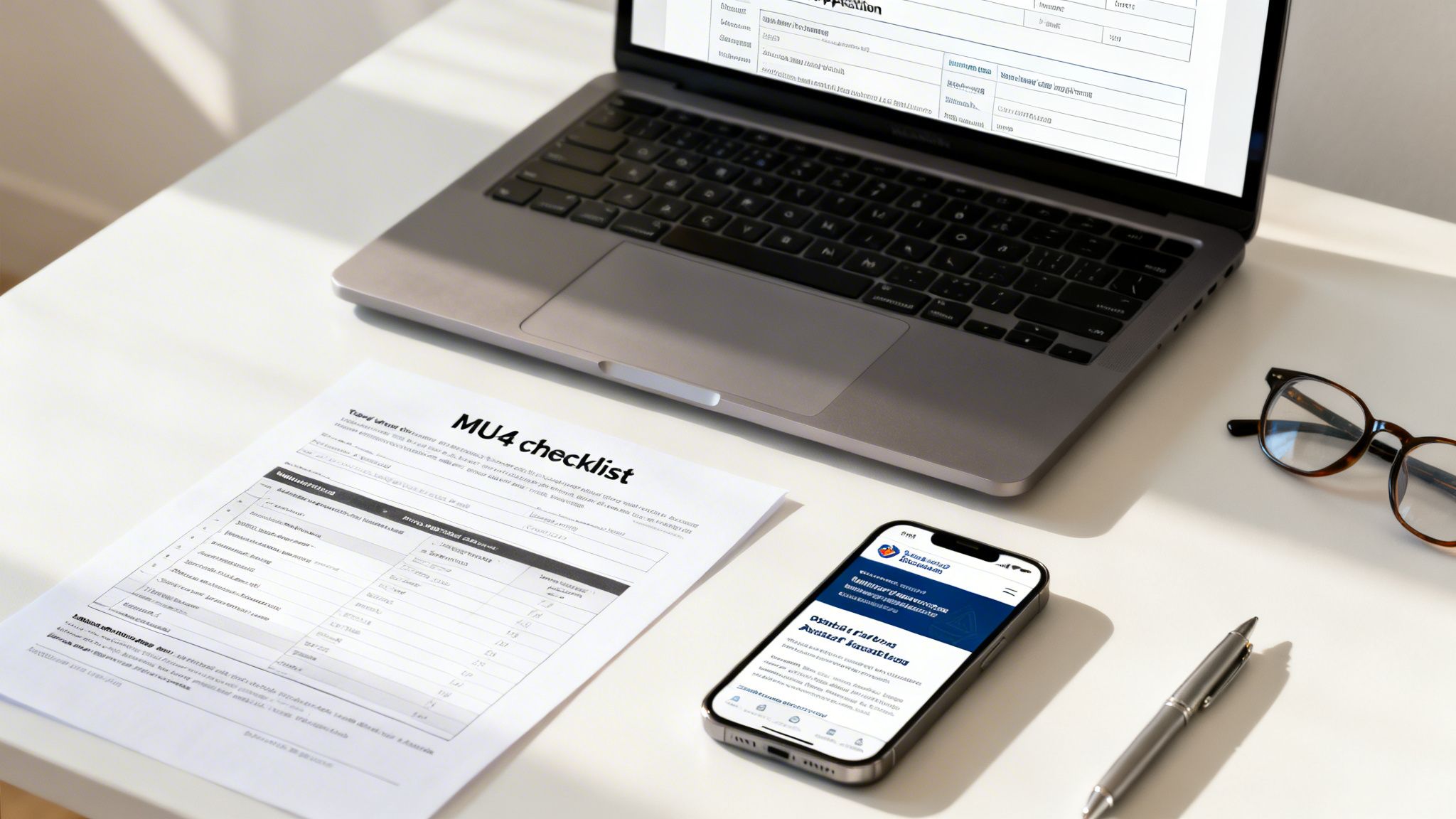 A professional desk setup with a laptop, MU4 checklist, smartphone, eyeglasses, and a pen.