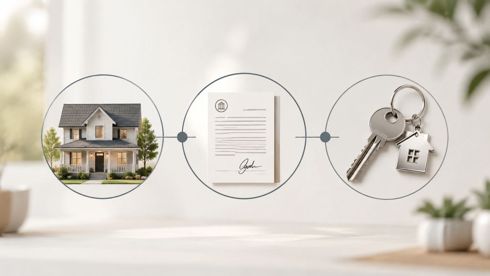 A visual representation of the home buying process showing a house, a signed legal document, and house keys.