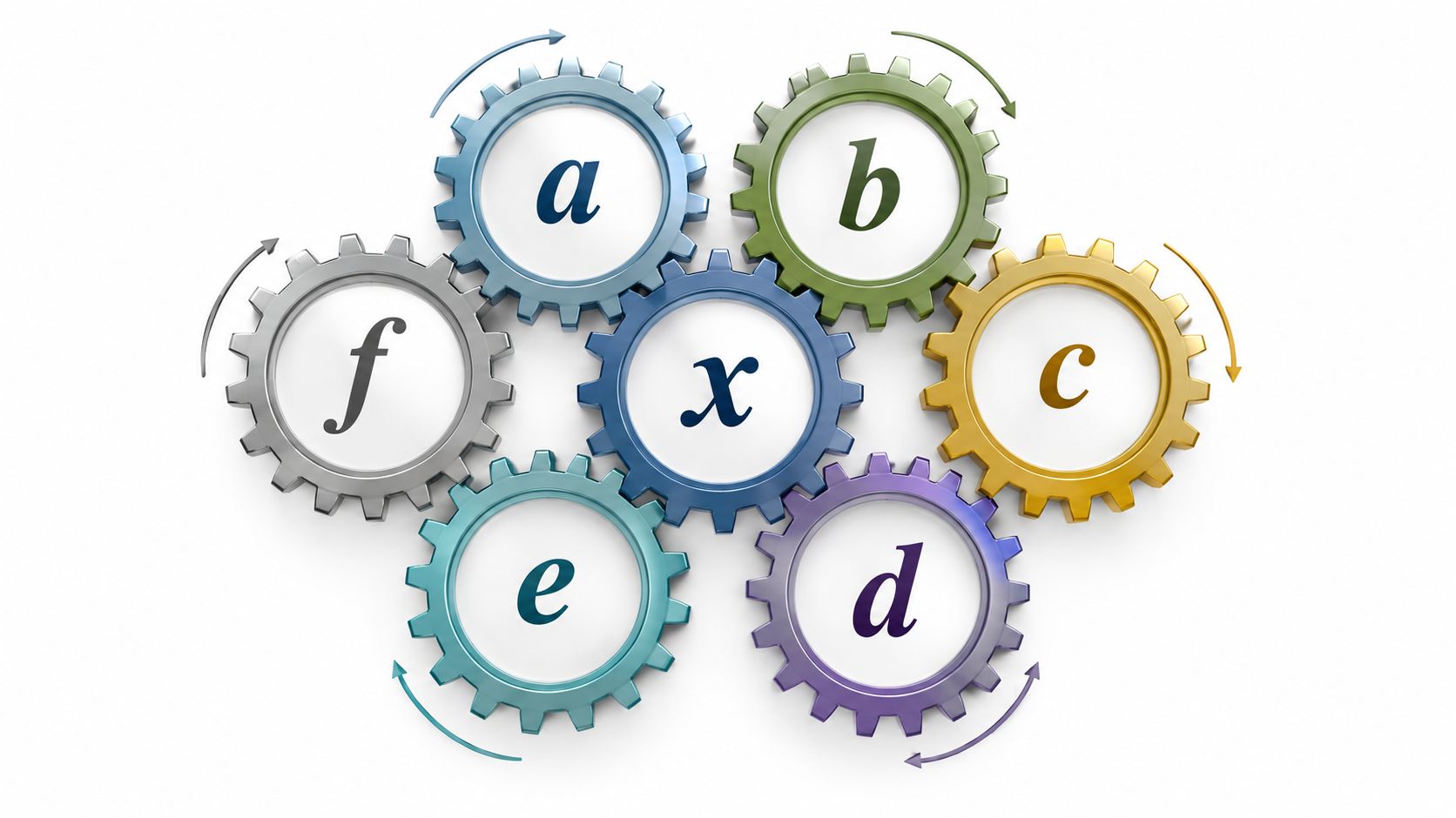 A central gear labeled x surrounded by six interconnected colorful gears representing a system of dependencies.