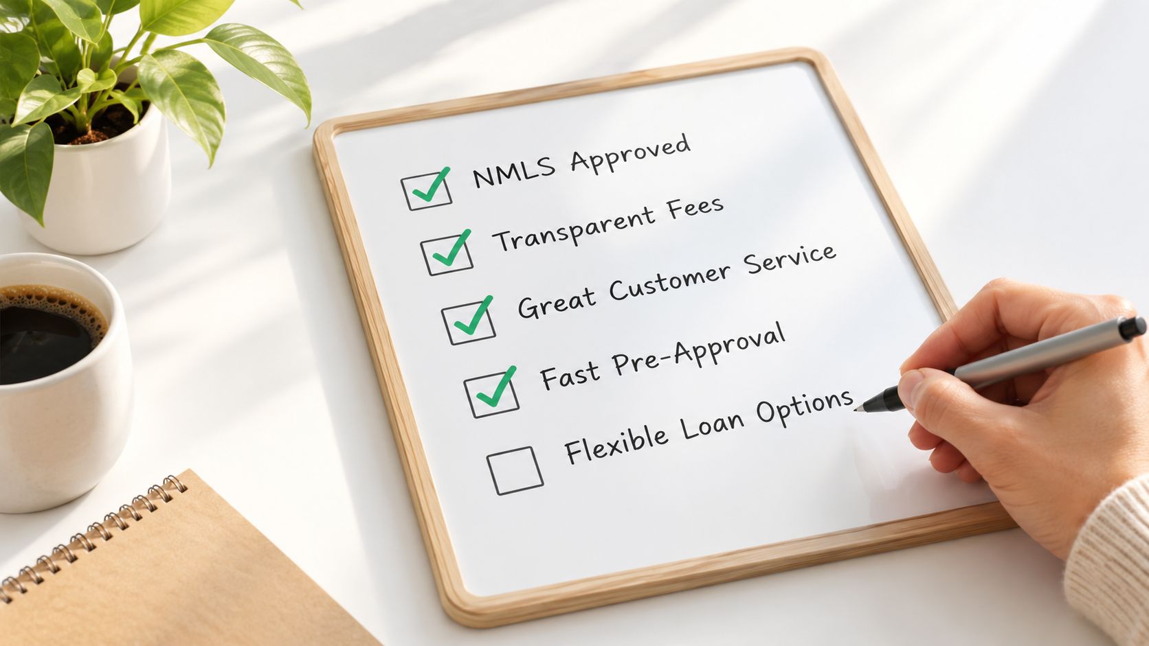 A person checking off a list of financial services benefits on a white board with a pen.