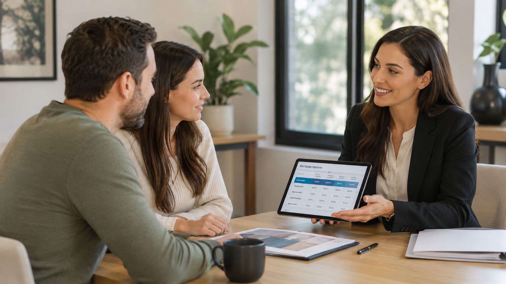 A professional financial advisor presents mortgage options on a tablet to a couple during a meeting.