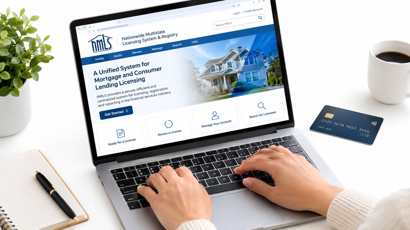 A person using a laptop to navigate the Nationwide Multistate Licensing System and Registry website for financial licensing.