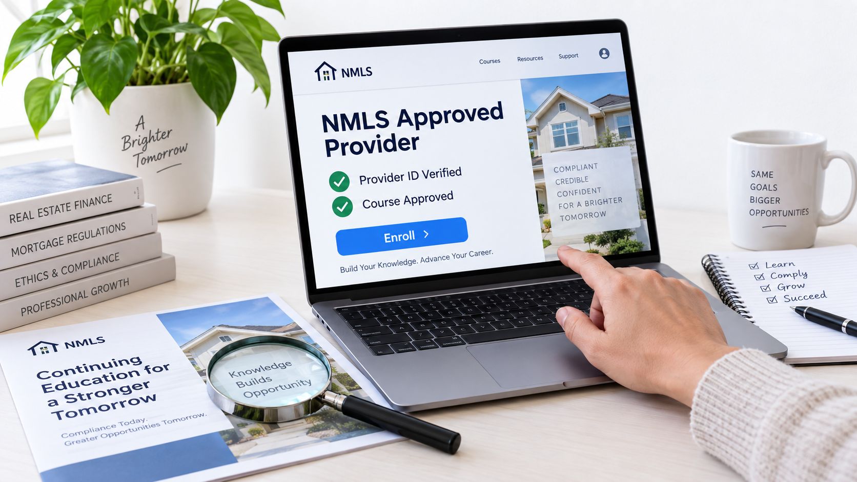 A person enrolling in NMLS approved online mortgage education courses on a laptop at a desk.