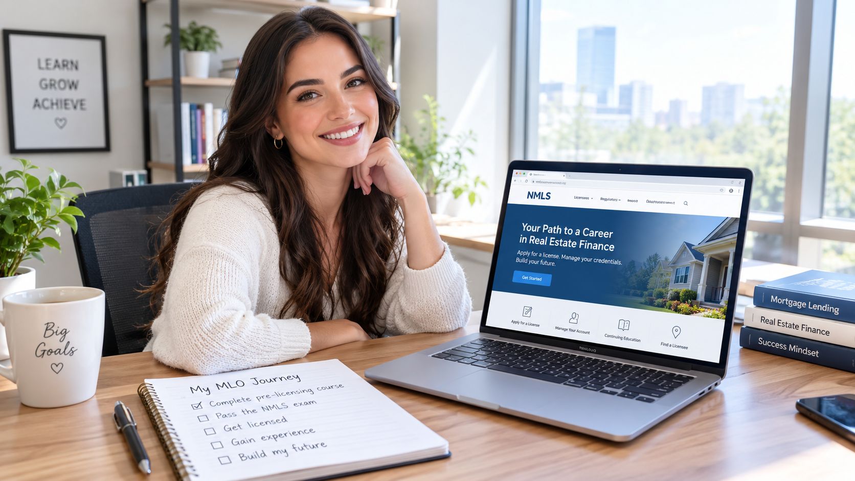 A smiling woman sitting at a desk with a laptop showing NMLS information and a MLO journey checklist.