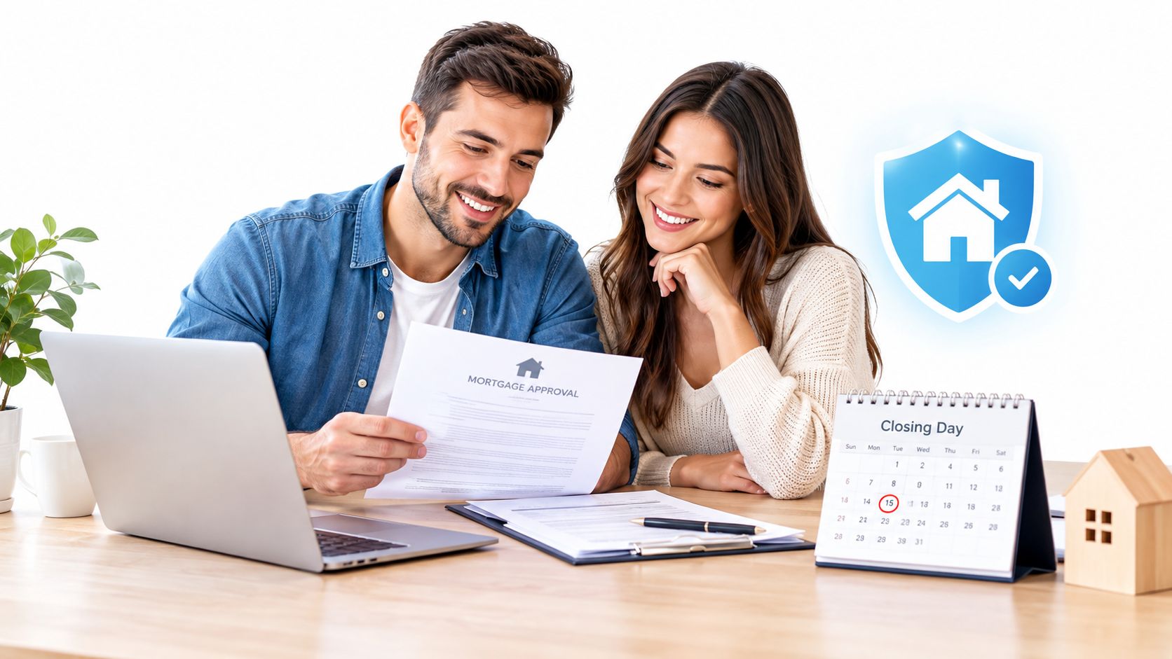 A happy couple reviews mortgage approval documents together at a desk with a laptop and calendar.