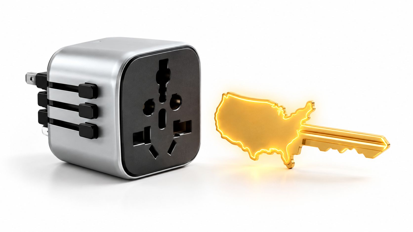 A universal travel power adapter placed next to a golden key shaped like the United States map.
