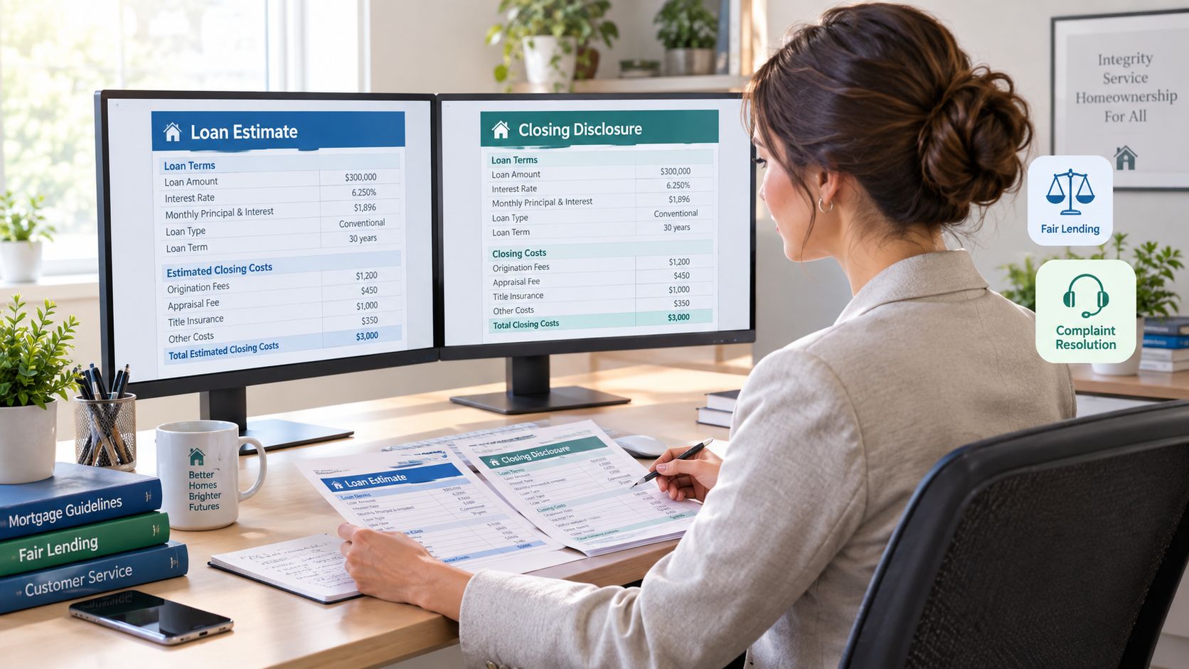 A professional woman in an office compares loan estimate and closing disclosure documents on computer screens.
