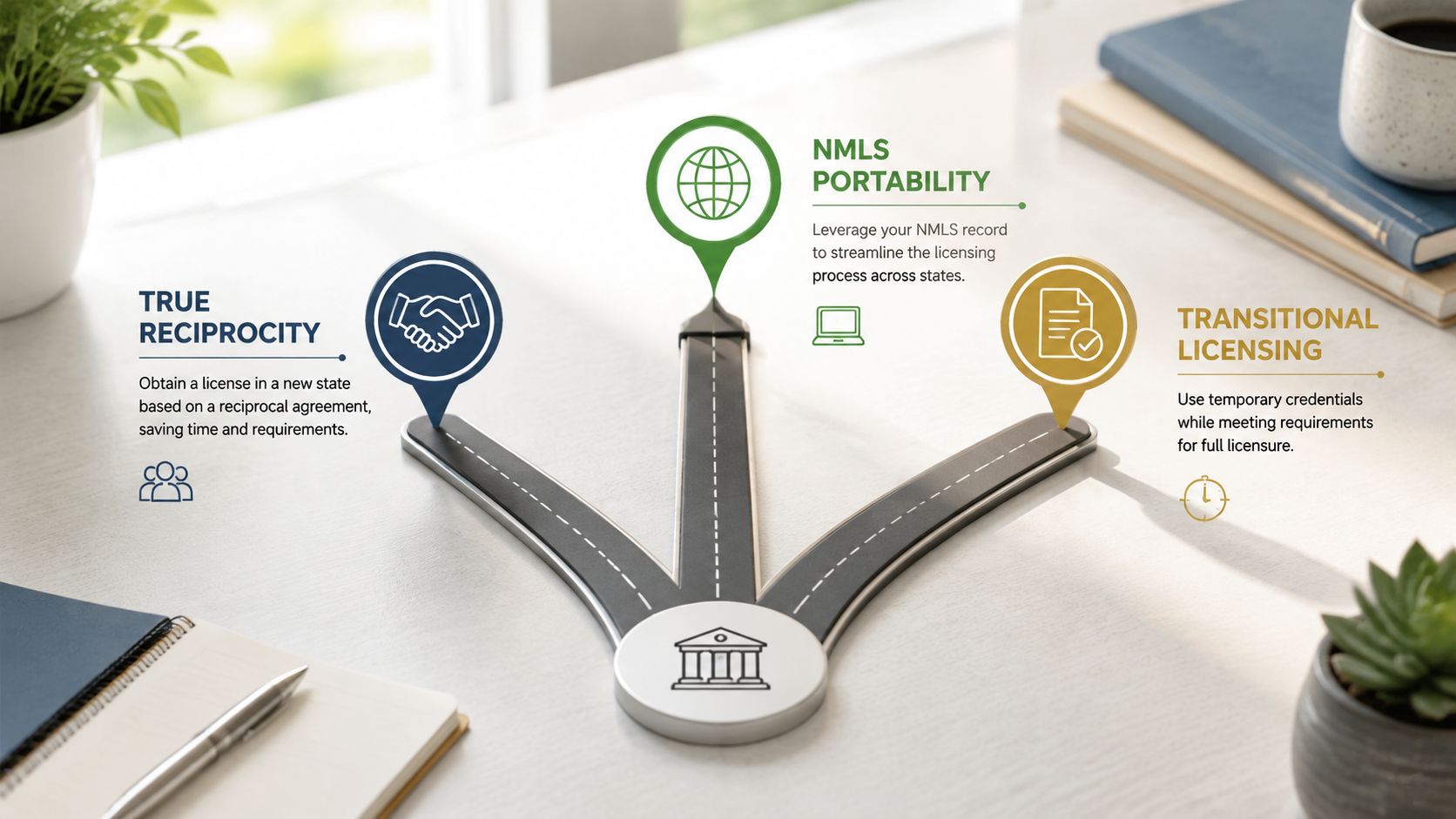 A diagram illustrating three pathways for obtaining an MLO license including reciprocity, NMLS portability, and transitional licensing.