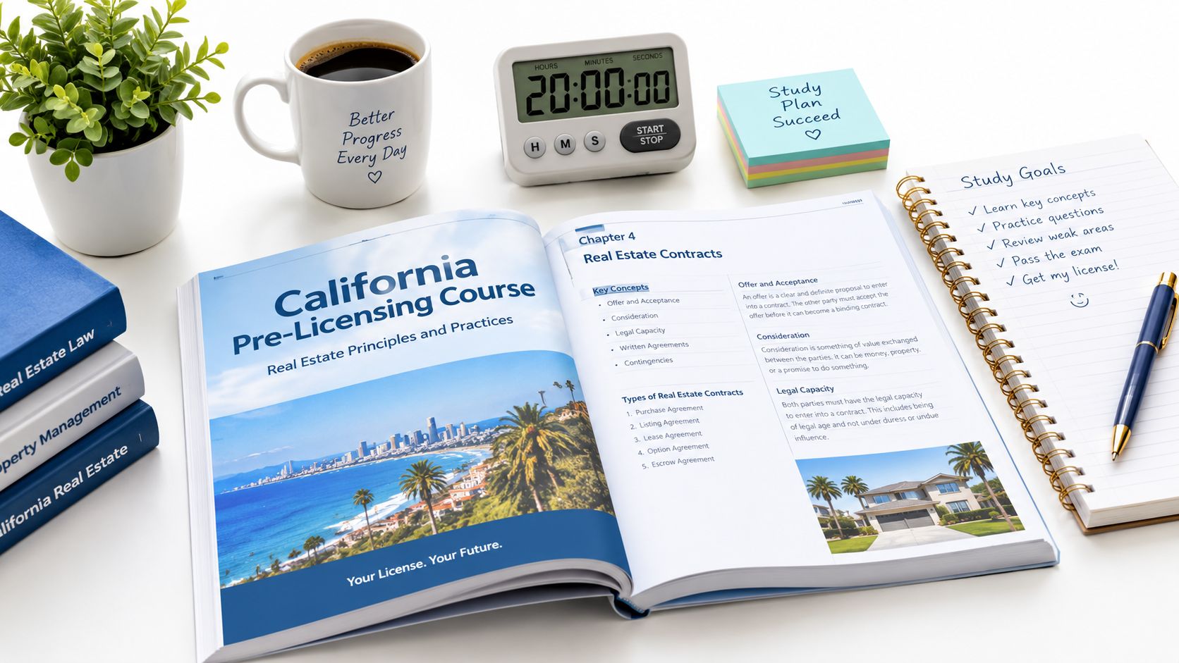 A study desk with a California real estate pre-licensing textbook, notes, coffee, and study timer.
