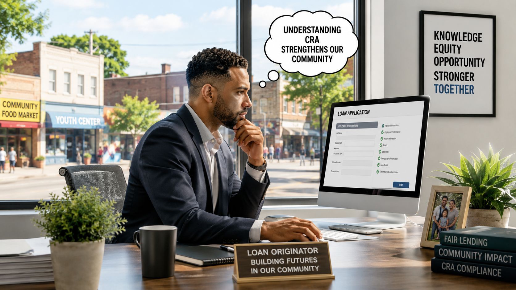 A professional loan originator at his desk working on an online loan application in a community office.