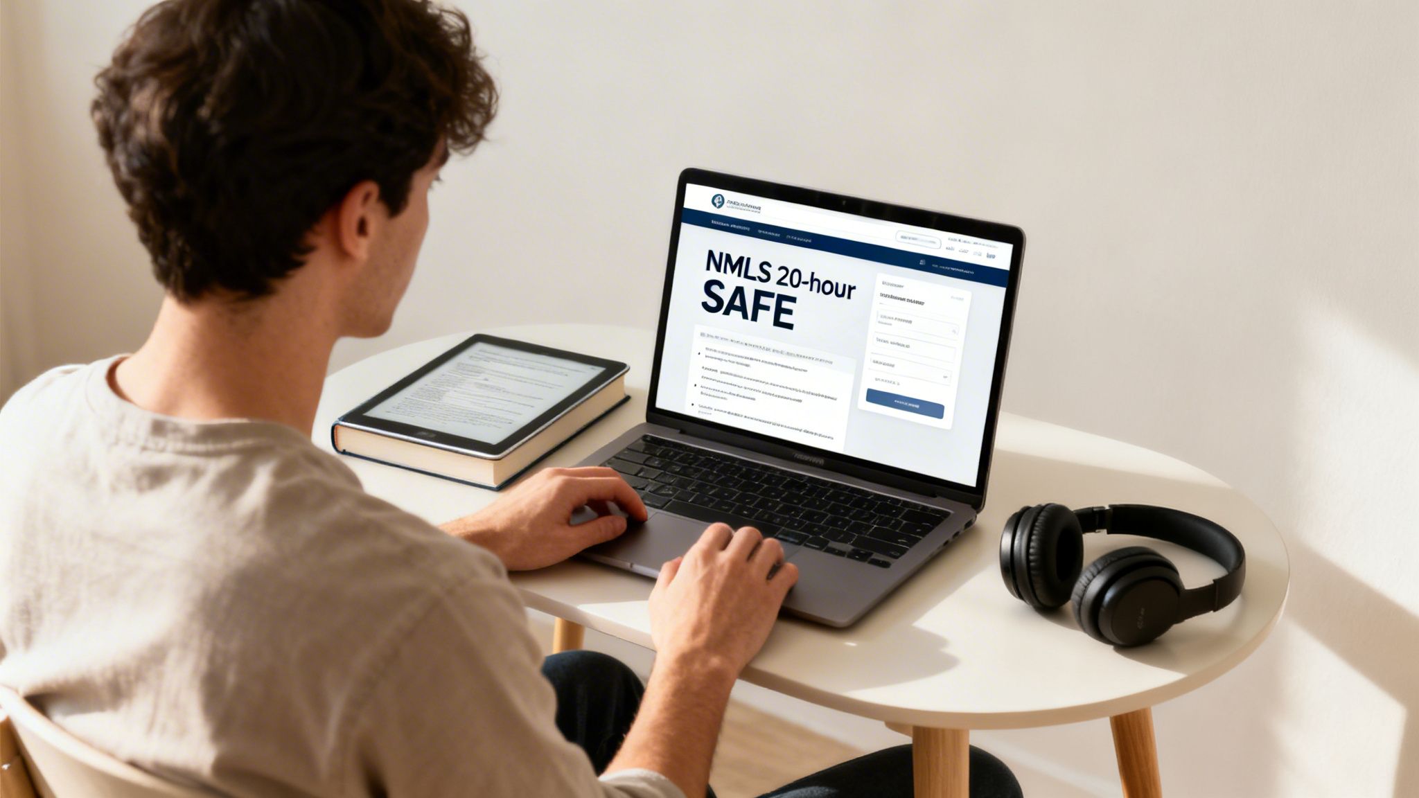 A man studies for the NMLS 20-hour SAFE course on a laptop, with a tablet and headphones nearby.