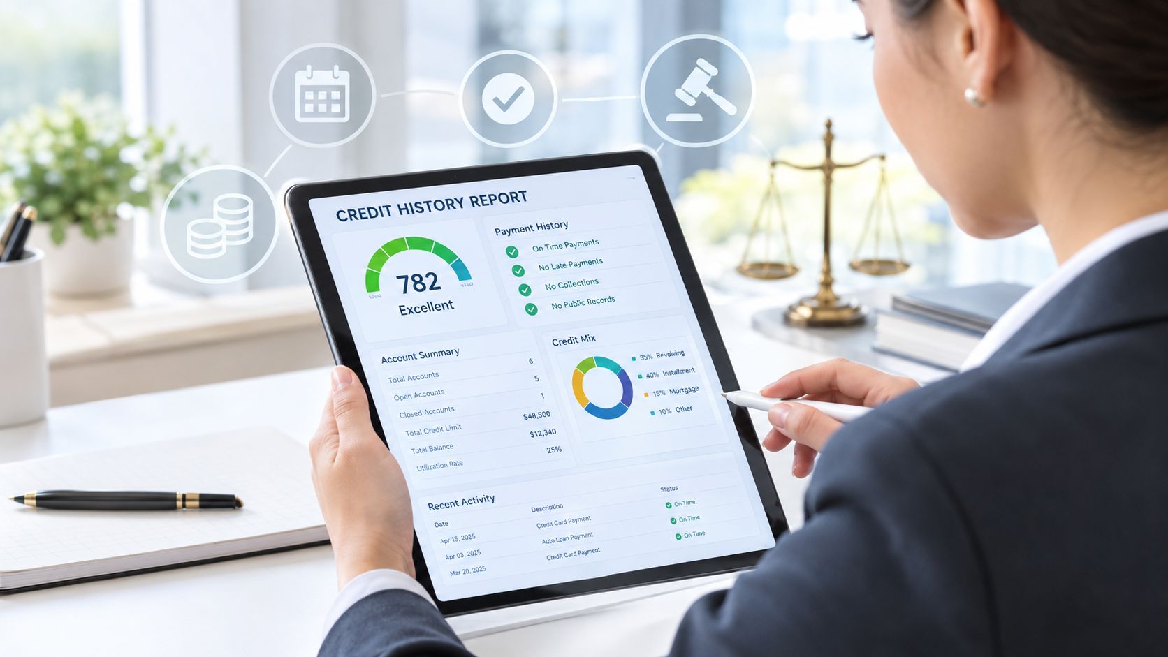 A professional analyzing a digital credit history report on a tablet with an excellent score of 782.