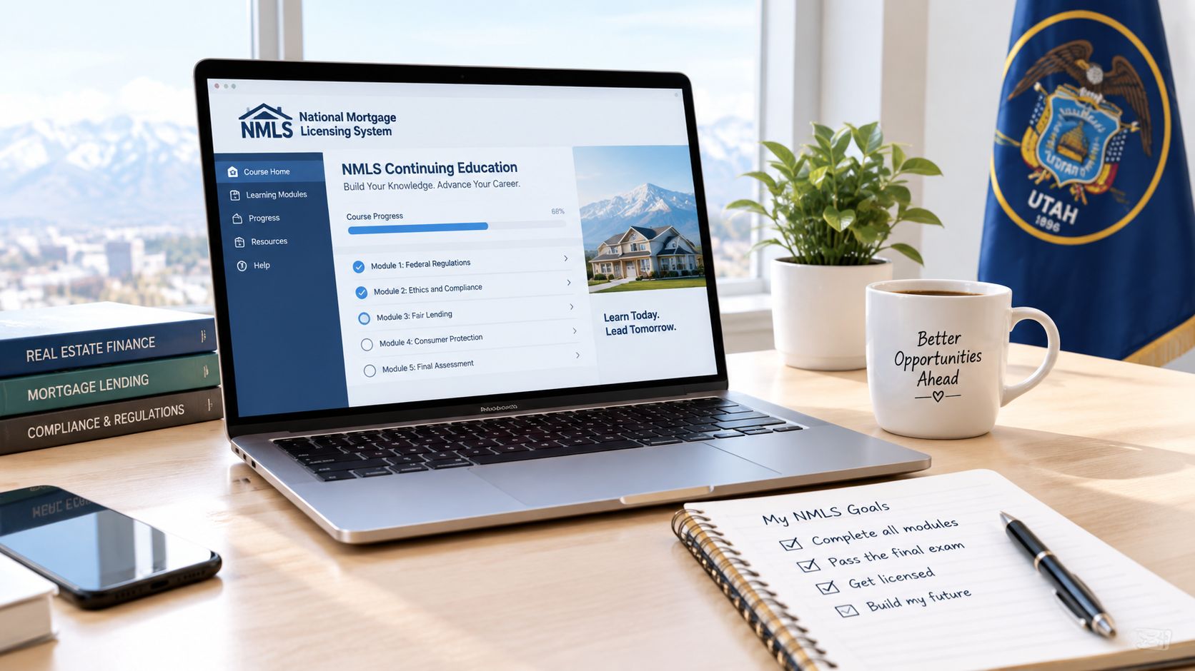A laptop showing NMLS continuing education modules on a desk with a notebook, pen, and coffee mug.