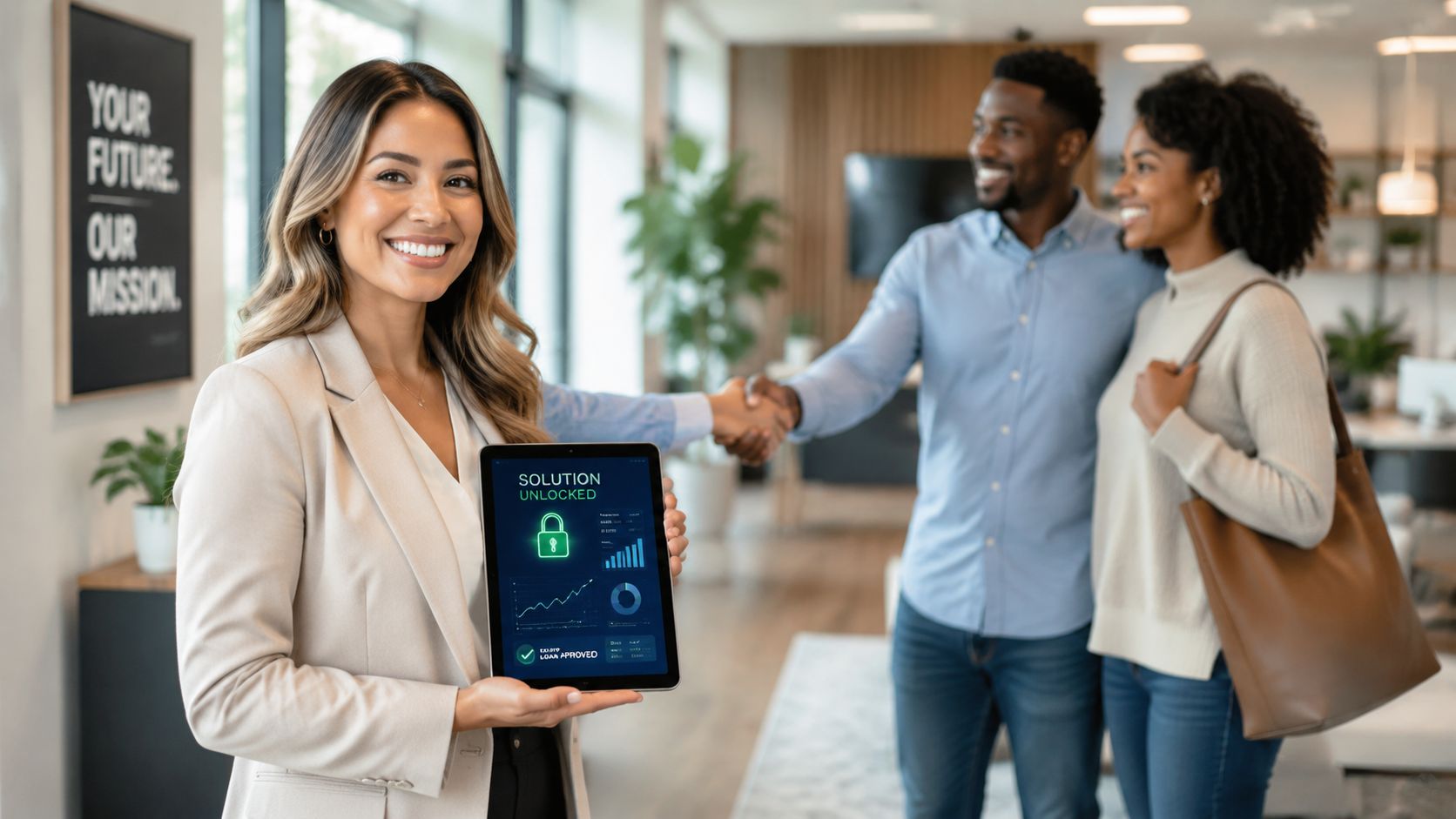 A professional financial advisor holds a tablet displaying a loan approval message while a couple shakes hands.