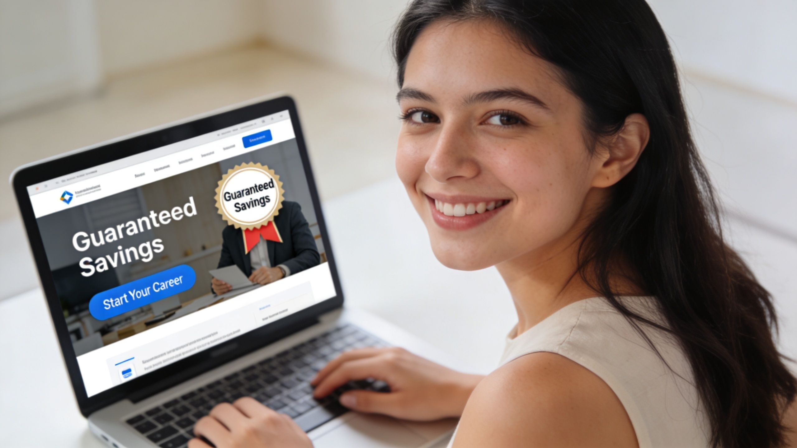 A smiling young woman using a laptop computer to research mortgage educator savings and career opportunities.