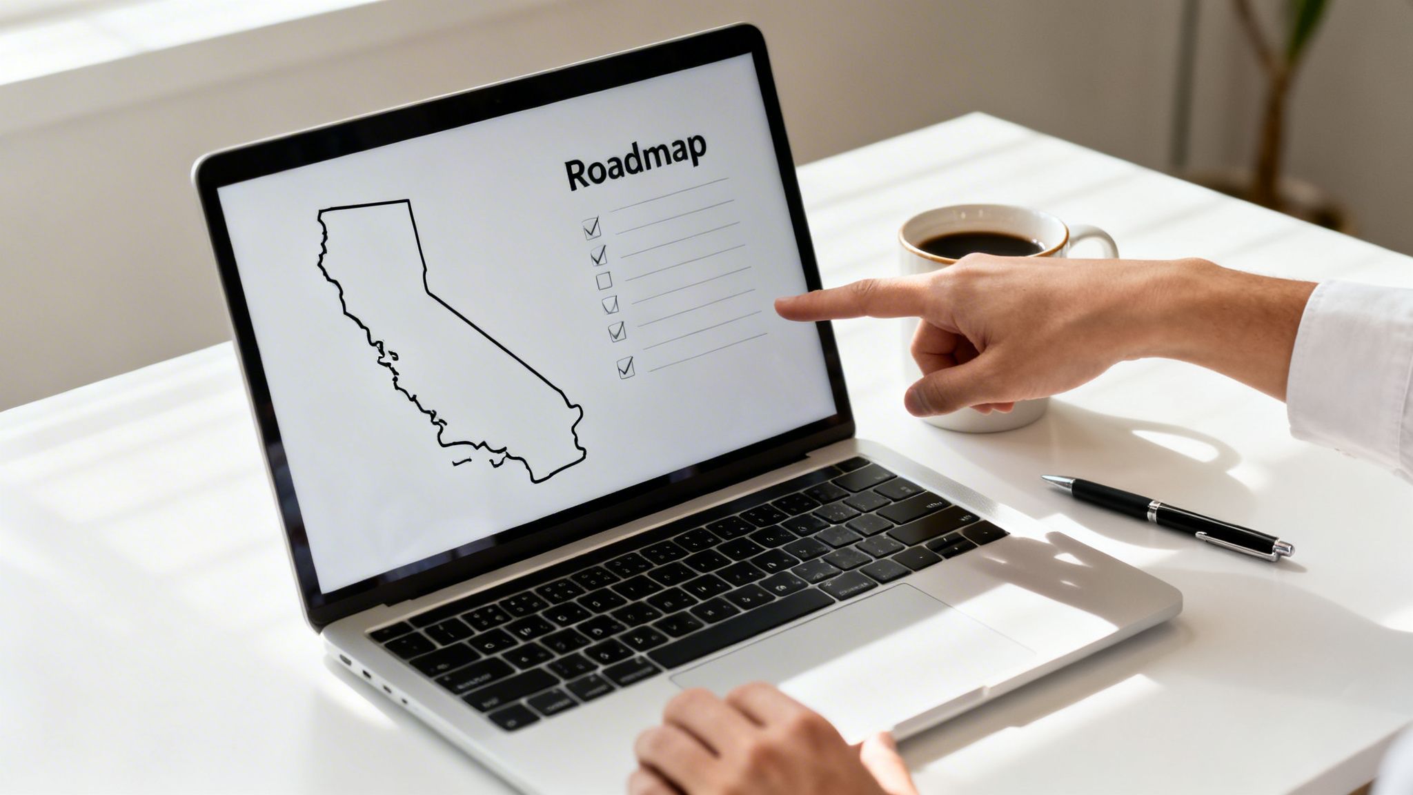 Person points at a laptop screen showing a California map and a roadmap checklist.