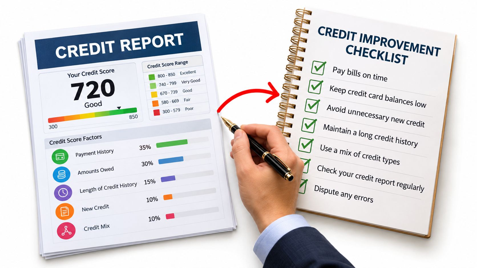 A hand holding a pen connecting a credit report with a 720 score to an improvement checklist.