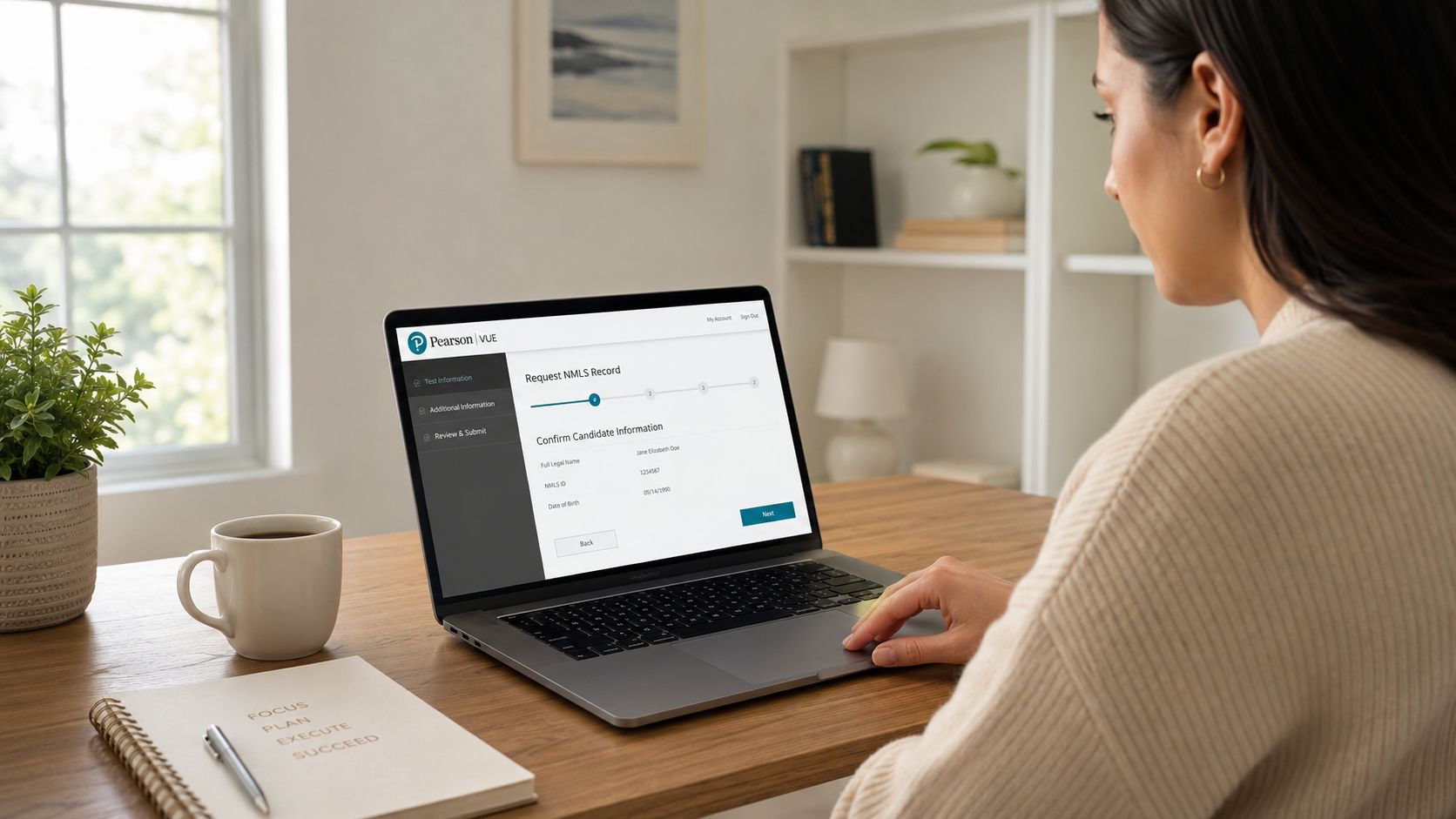 A woman working on a laptop computer to confirm her information for an NMLS mortgage record request.
