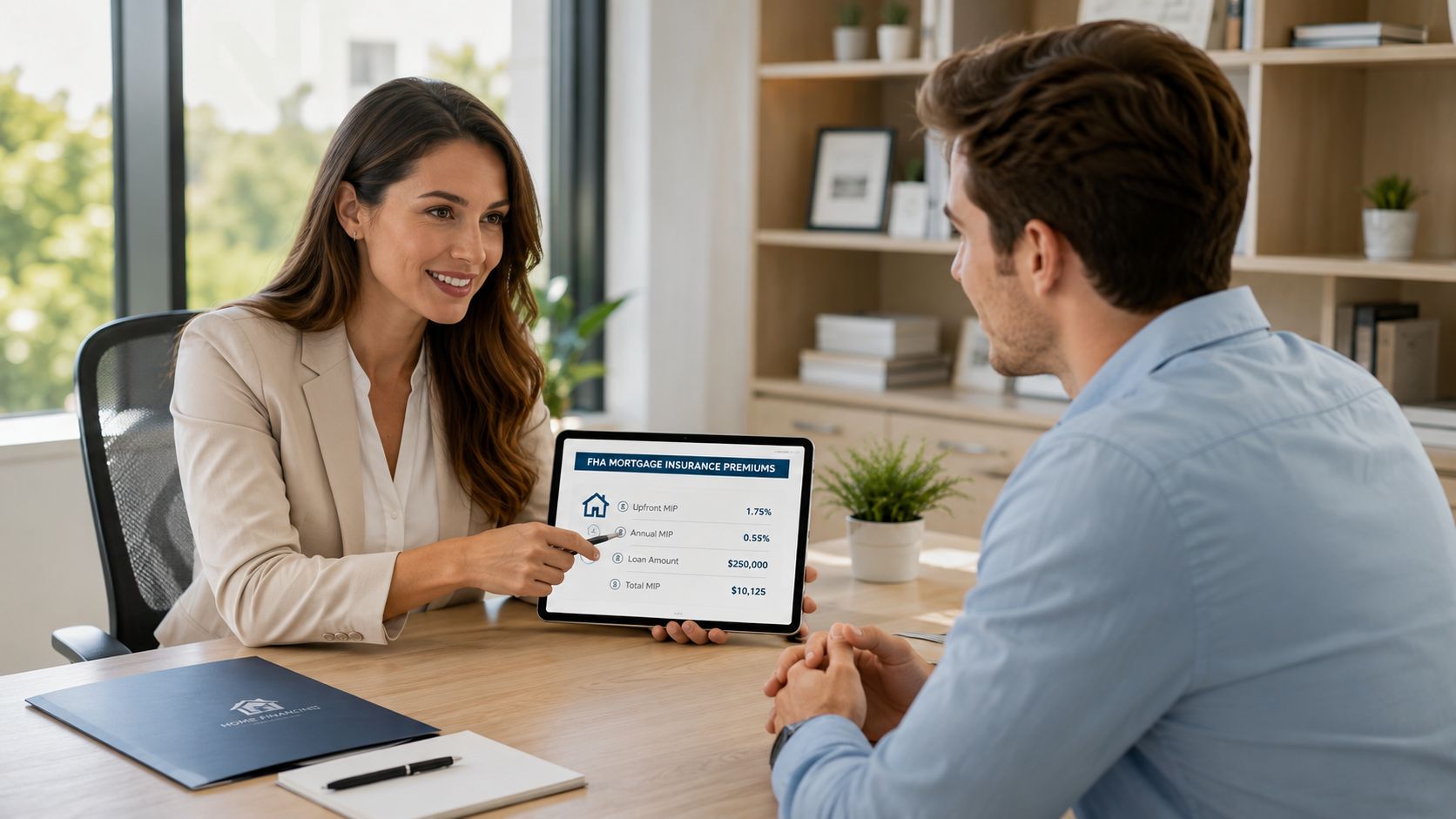 A professional financial advisor explains FHA mortgage insurance premiums to a client using a digital tablet.