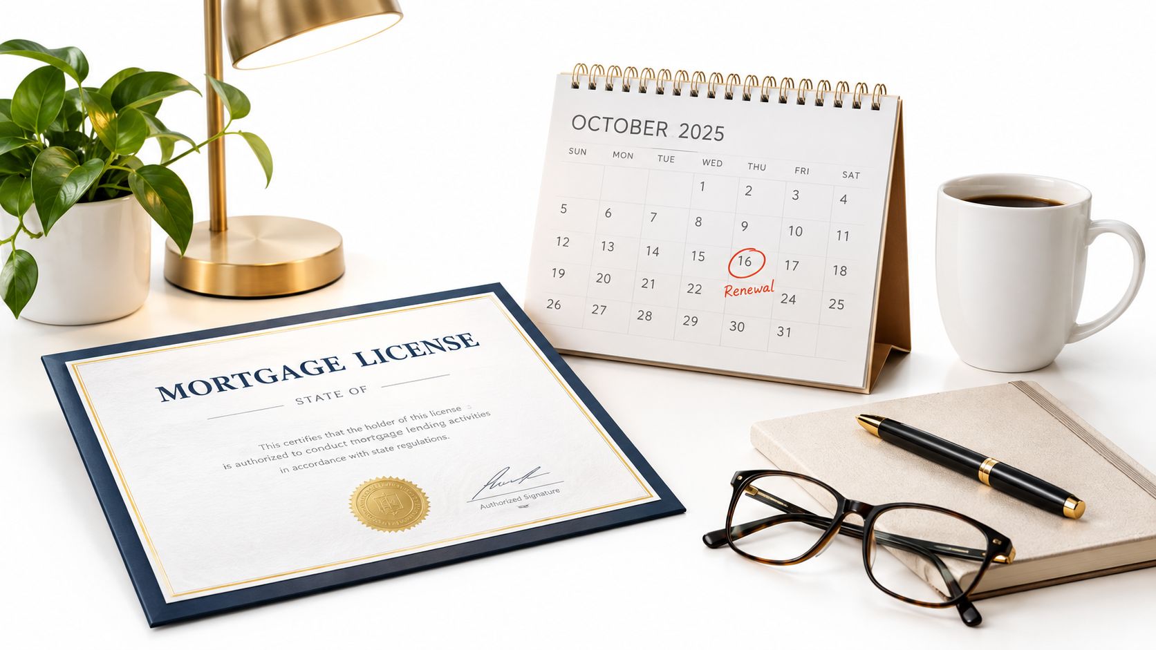 A Mortgage License certificate, a desk calendar with an October 2025 renewal date, glasses, and coffee.