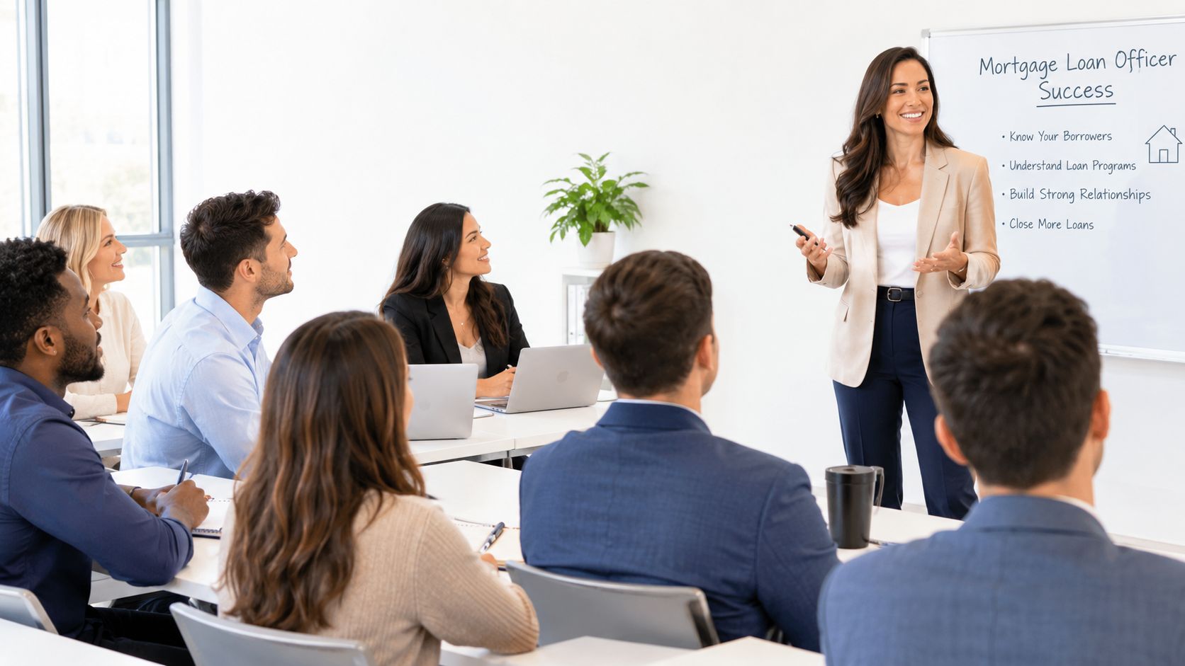 A professional woman delivers an instructor-led mortgage training session to a diverse team in a bright office.