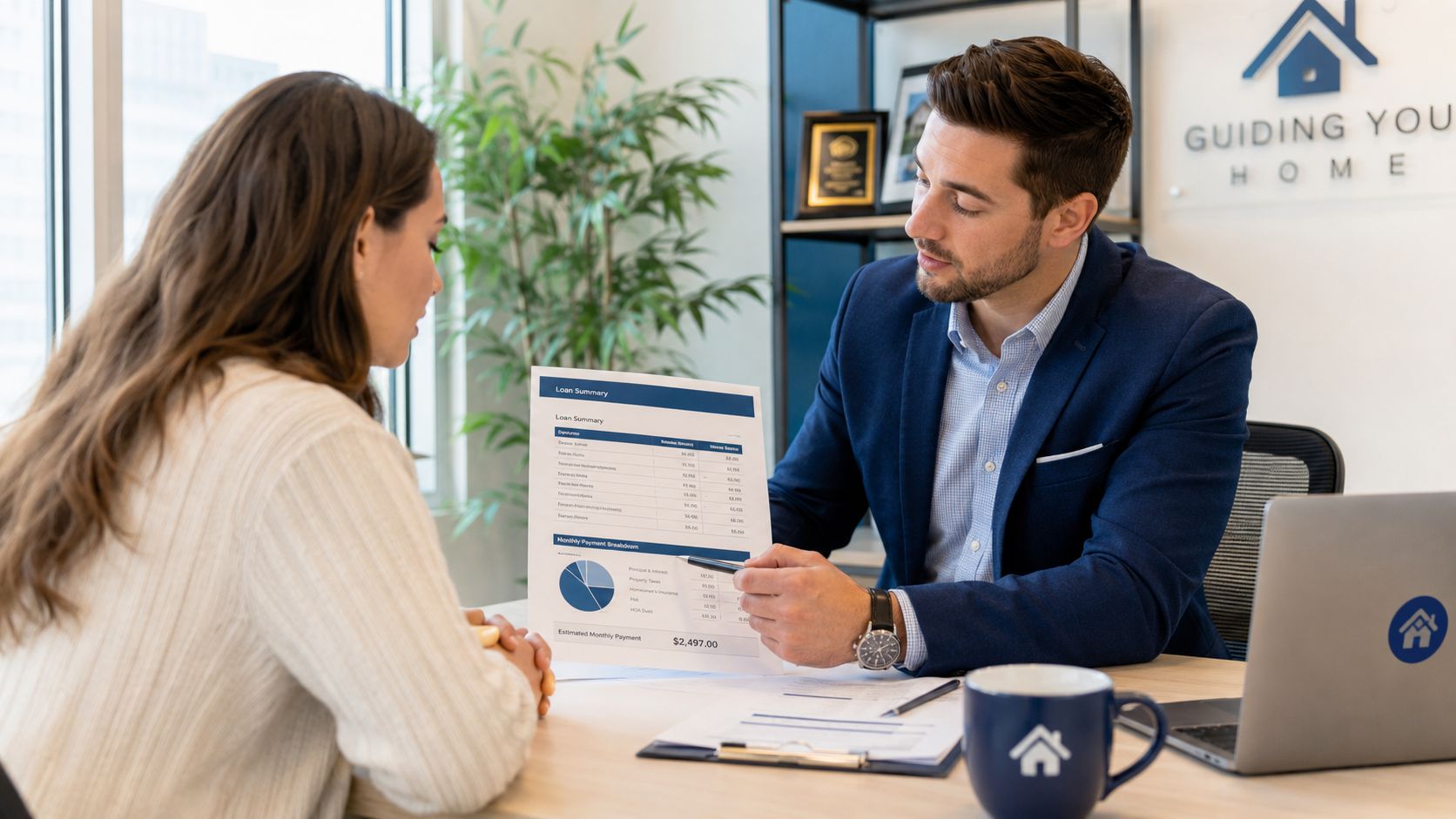 A professional loan officer explains a home loan summary and payment breakdown to a female client.