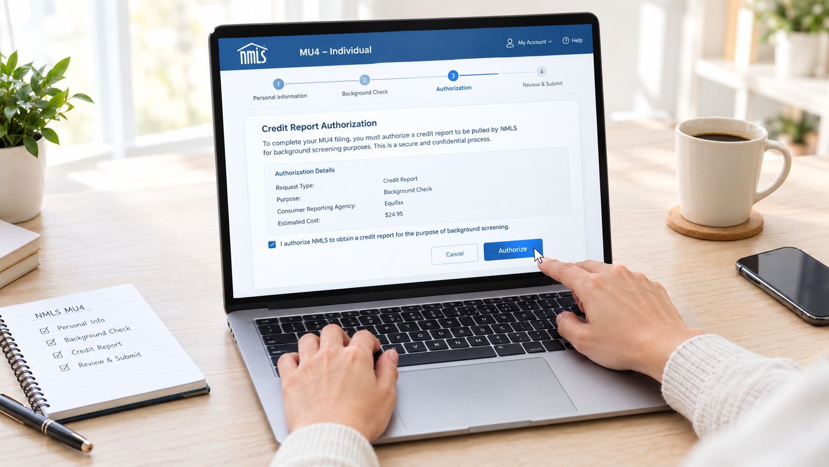 A person using a laptop to authorize an NMLS credit report background check online on a desk.