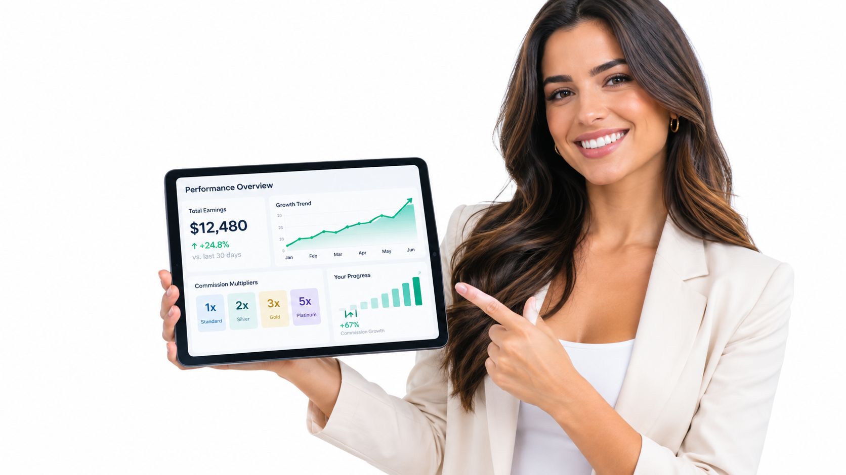 A professional woman in a suit holding a tablet showing business performance metrics, earnings, and growth charts.