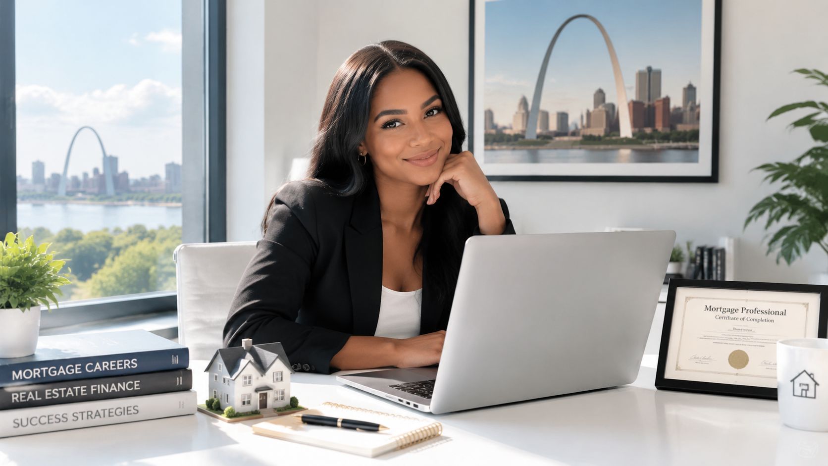 A professional woman sitting at a desk with a laptop, model house, and mortgage certificate in her office.