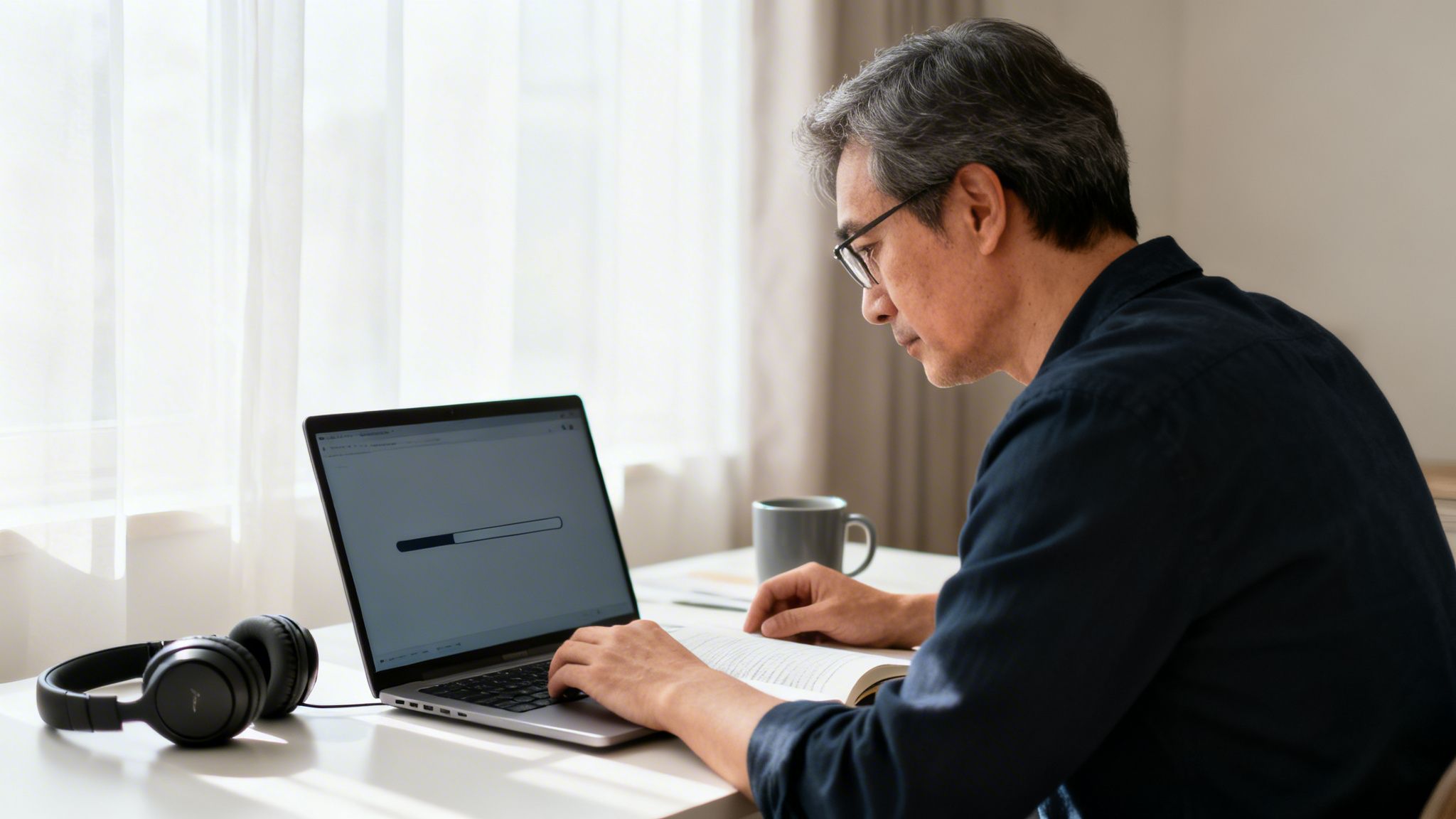 An Asian man with grey hair and glasses uses a laptop and reads a book at home.