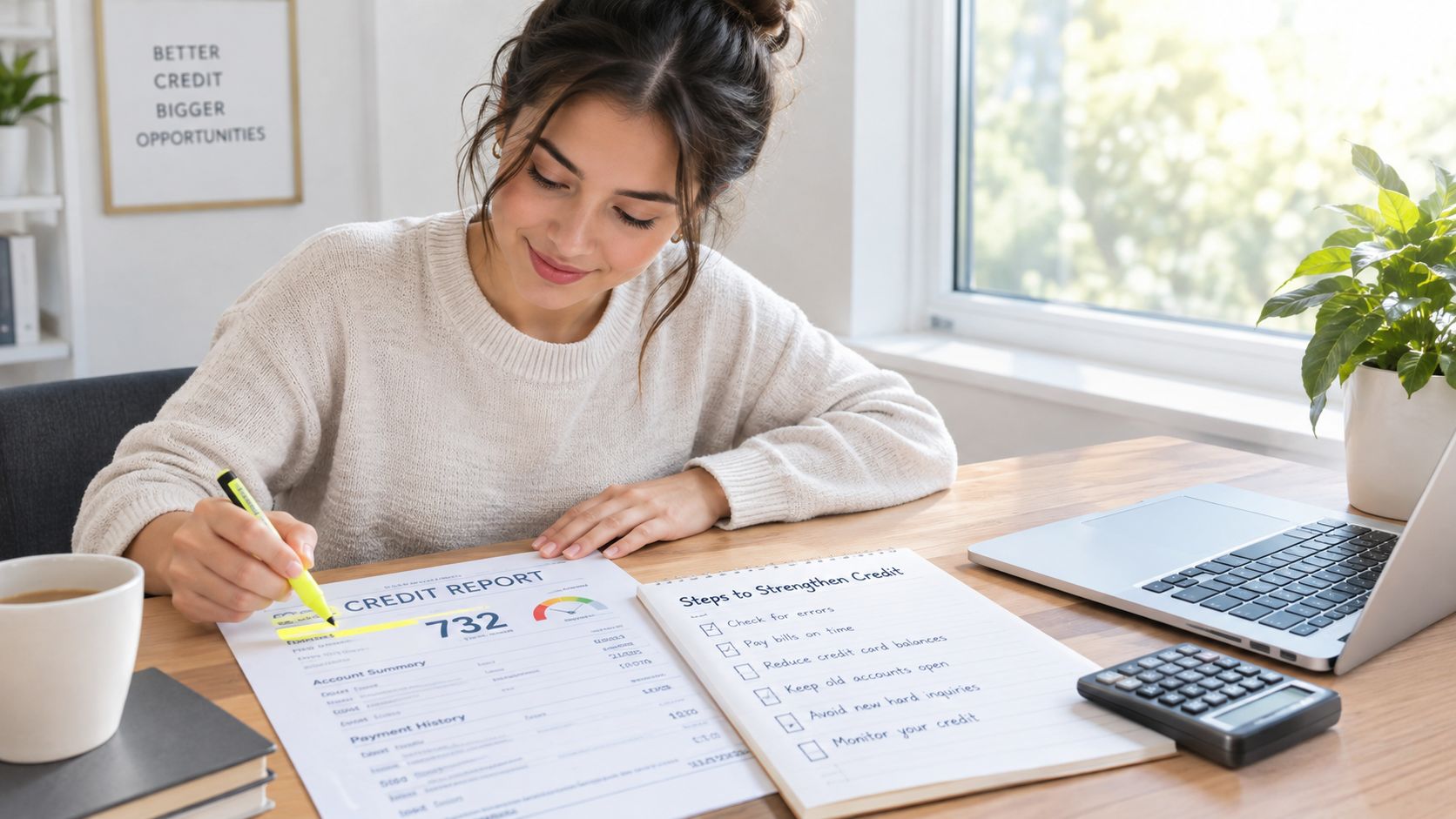 A woman reviewing her credit report and taking notes to improve her financial credit score at home.
