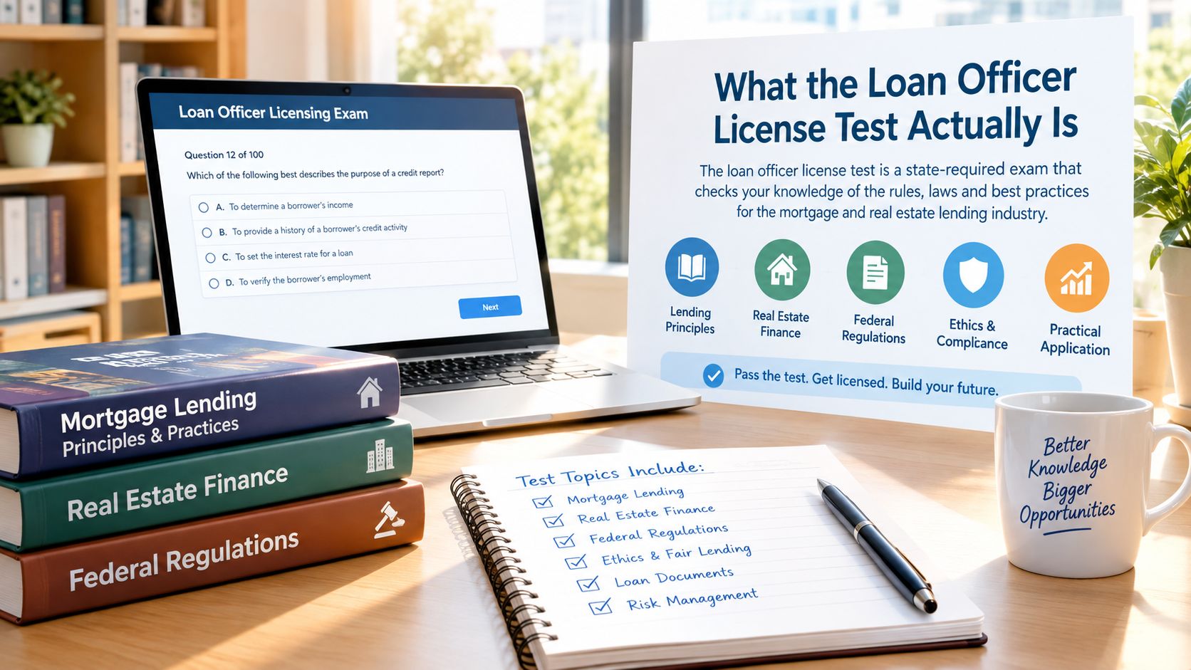 A laptop showing a practice exam, books, and a checklist illustrating the loan officer licensing process.