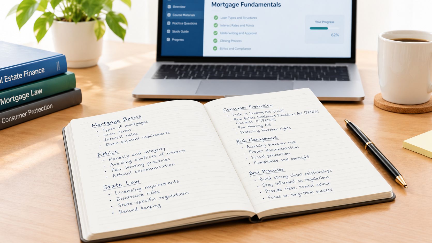 An open notebook with handwritten study notes on mortgage fundamentals resting on a desk with a laptop.