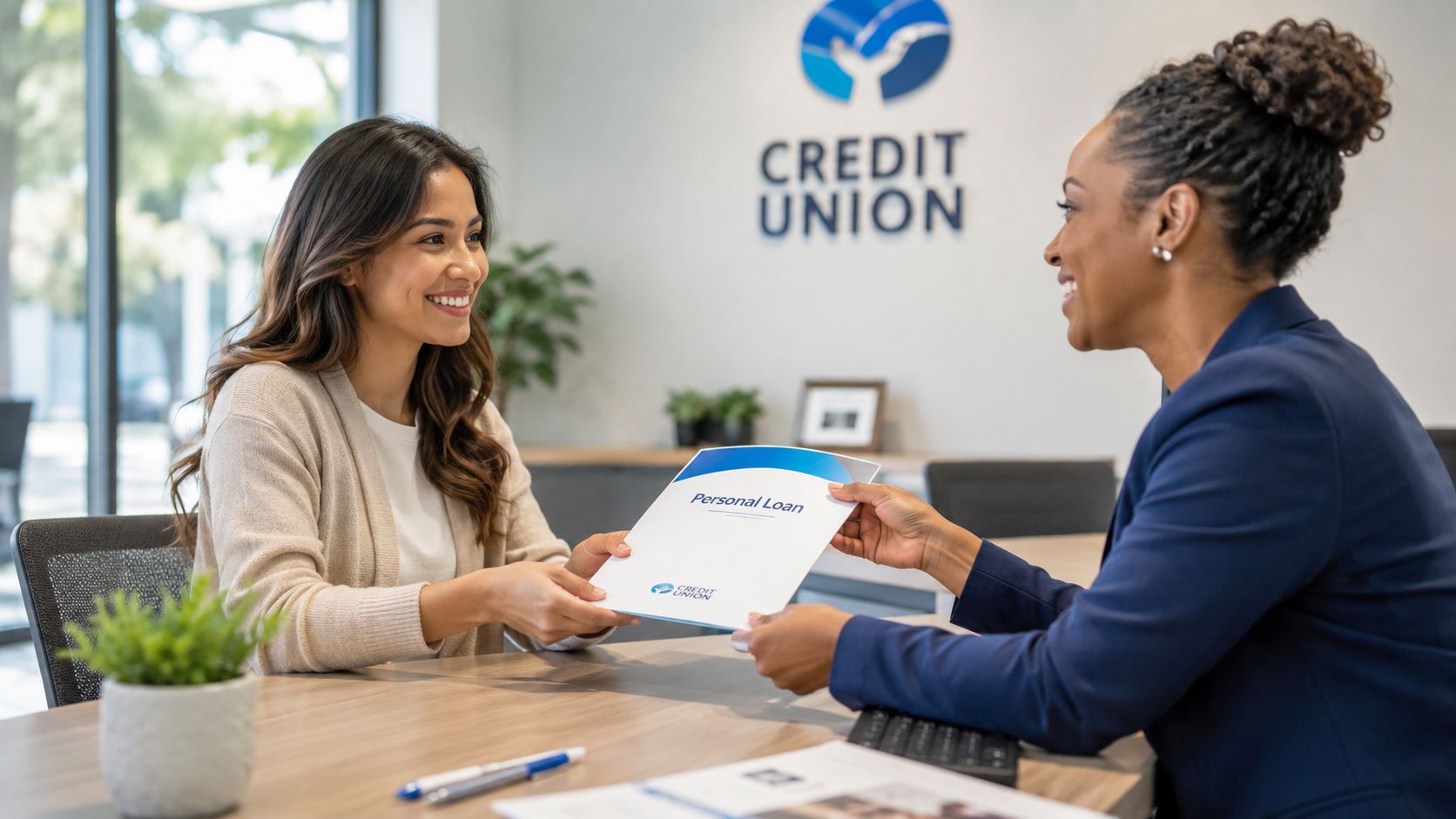 A smiling young woman receives a personal loan document from her professional female credit union consultant.