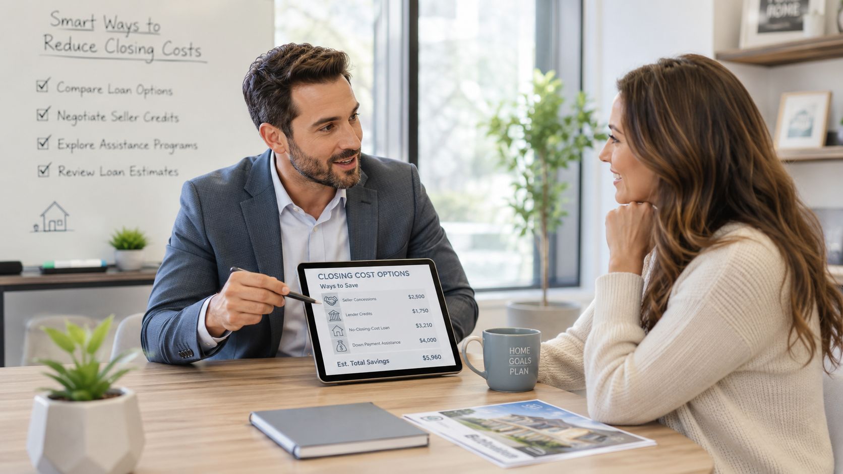 A professional financial advisor discusses mortgage closing cost options with a client using a tablet screen.