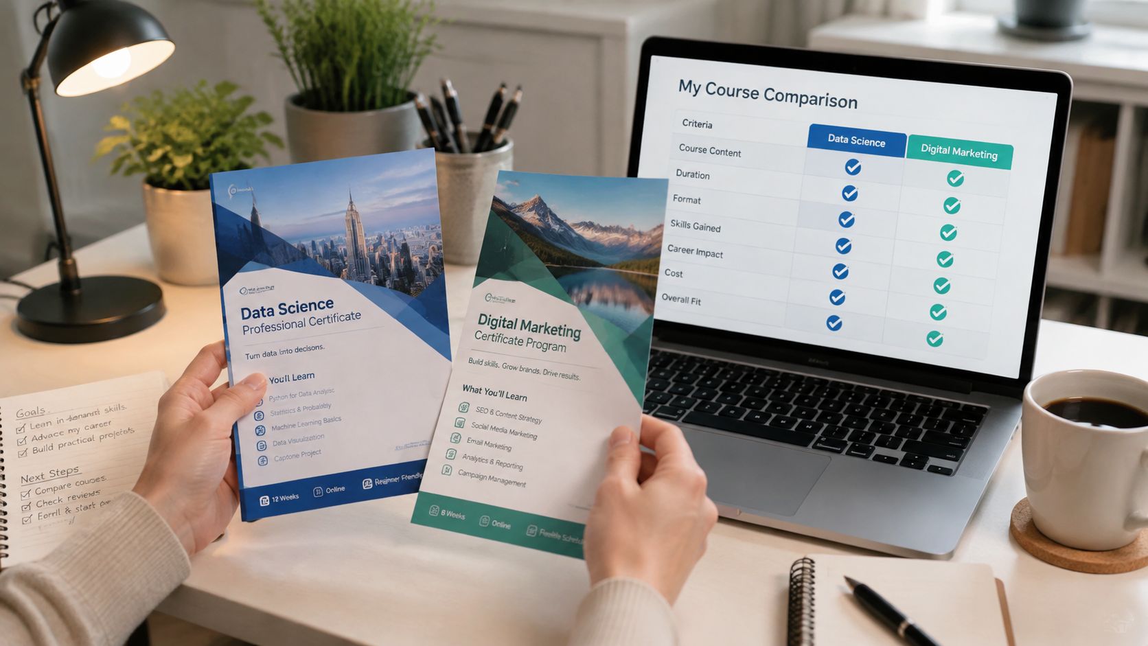 A person compares data science and digital marketing certification program brochures at a desk with a laptop.