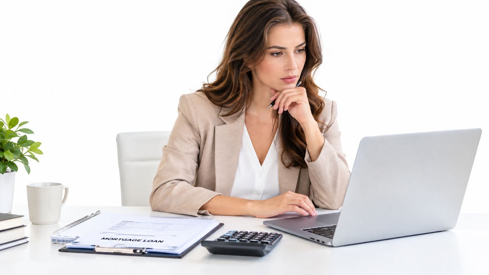 A professional woman in a beige blazer reviews mortgage loan documents while working on her laptop.