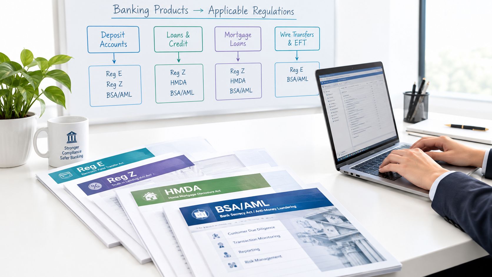 A professional desk setup featuring banking compliance documents, a laptop, and a chart showing regulations.