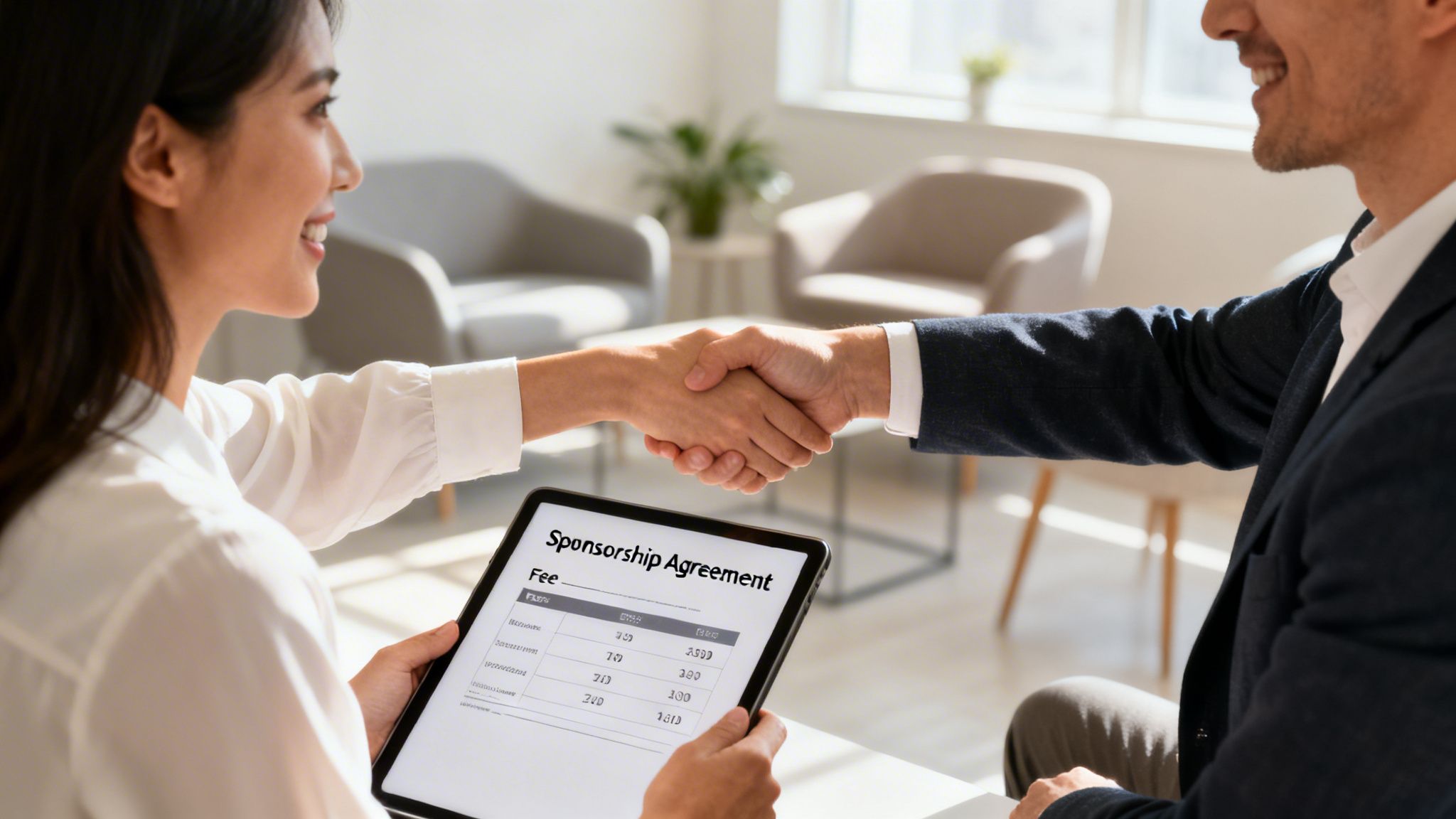 Two smiling professionals shaking hands over a table with a tablet showing a sponsorship agreement.