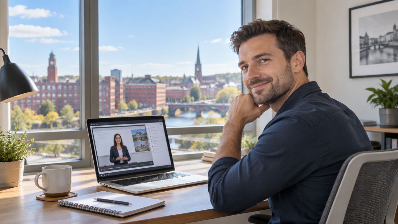 A professional man sitting at a desk with a laptop, participating in an online real estate course.