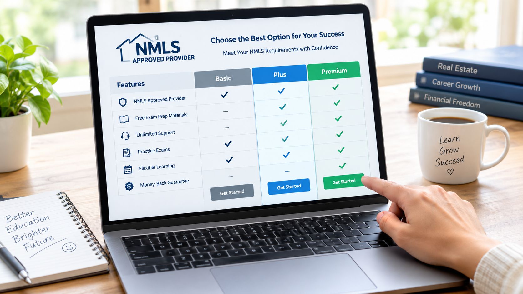 A person selecting a premium mortgage course package on a laptop screen showing NMLS approved provider options.