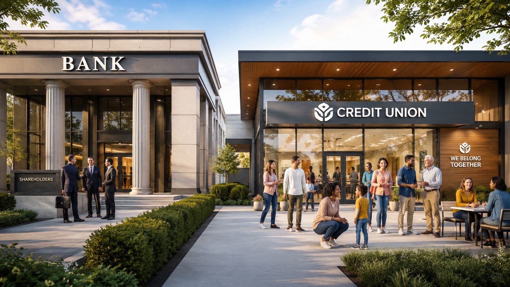 A modern credit union building standing next to a traditional bank with people gathered outside.