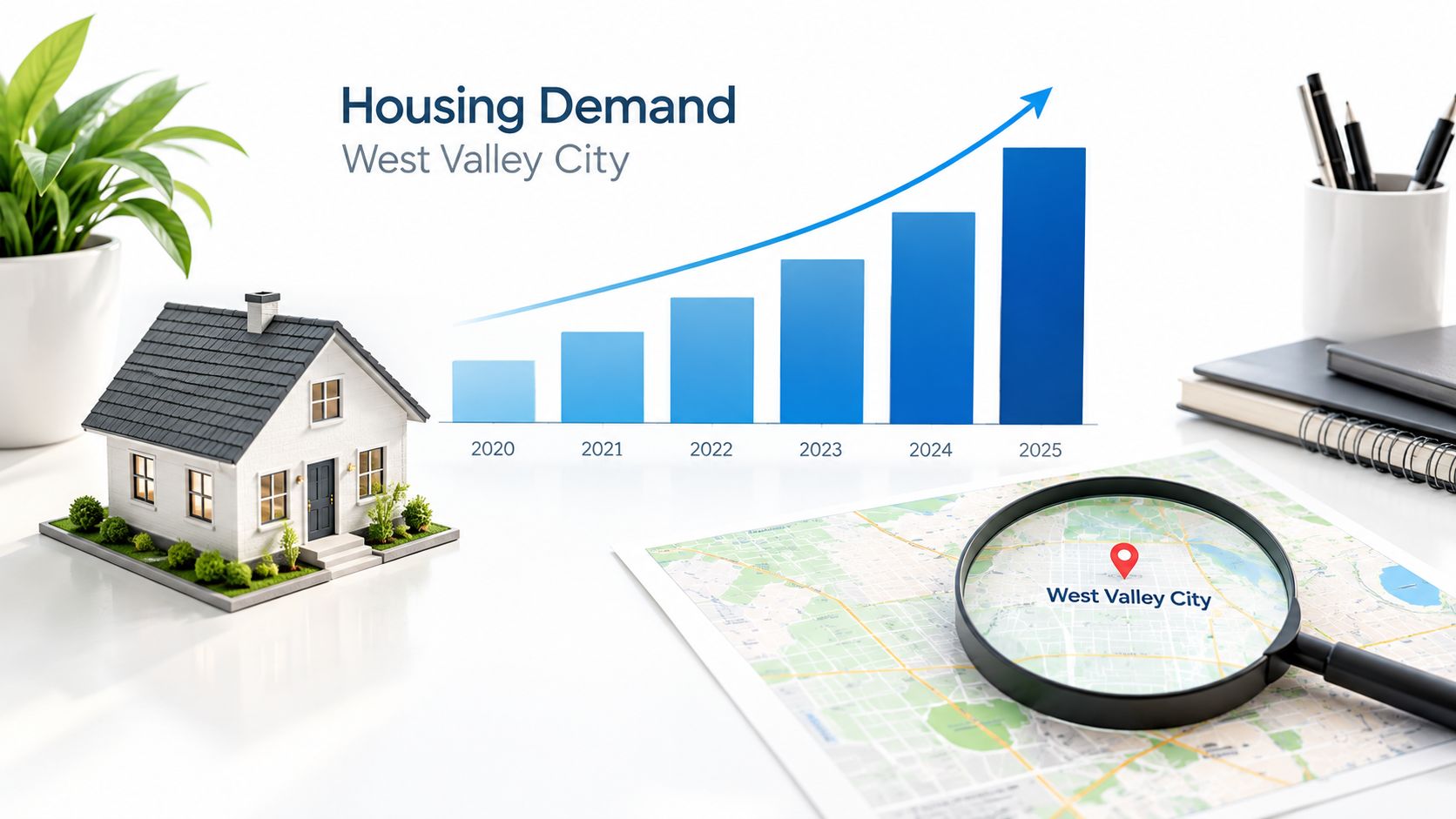 A miniature model house next to a bar graph showing rising housing demand in West Valley City.